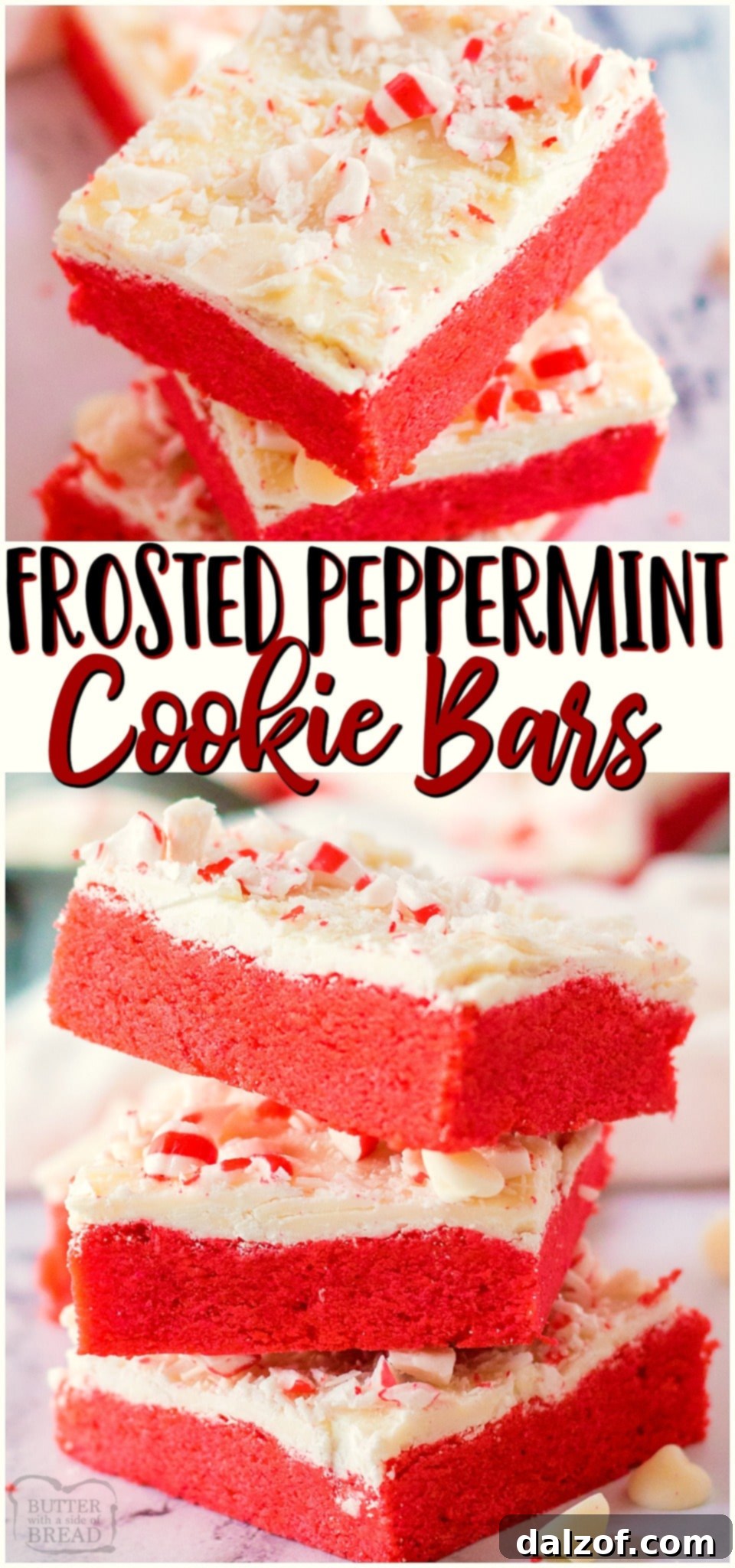 A festive image of Frosted Peppermint Cookie Bars, highlighting the perfect combination of red cookie, white chocolate frosting, and crushed peppermint, ideal for holiday celebrations.