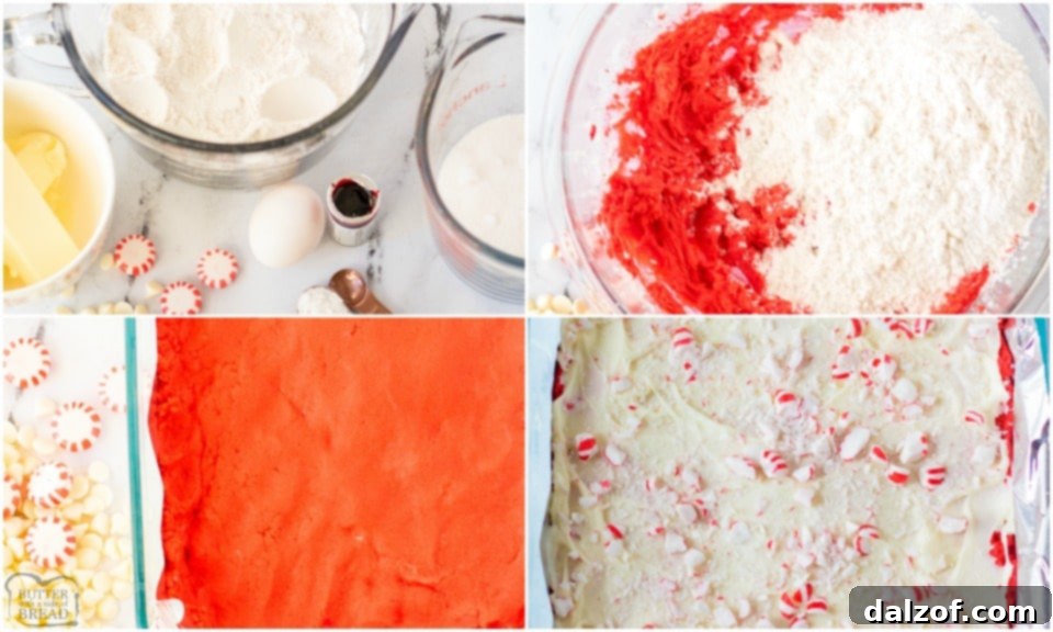 Collage showing the step-by-step process of making Peppermint Sugar Cookie Bars, from mixing ingredients to baking and frosting.