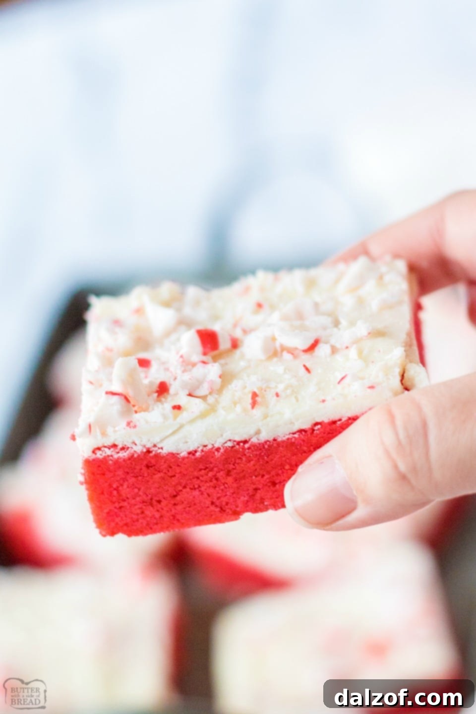 A tray of beautifully sliced Frosted Peppermint Cookie Bars, showcasing the layers of red cookie, white chocolate, and crushed peppermint, ready to be served.