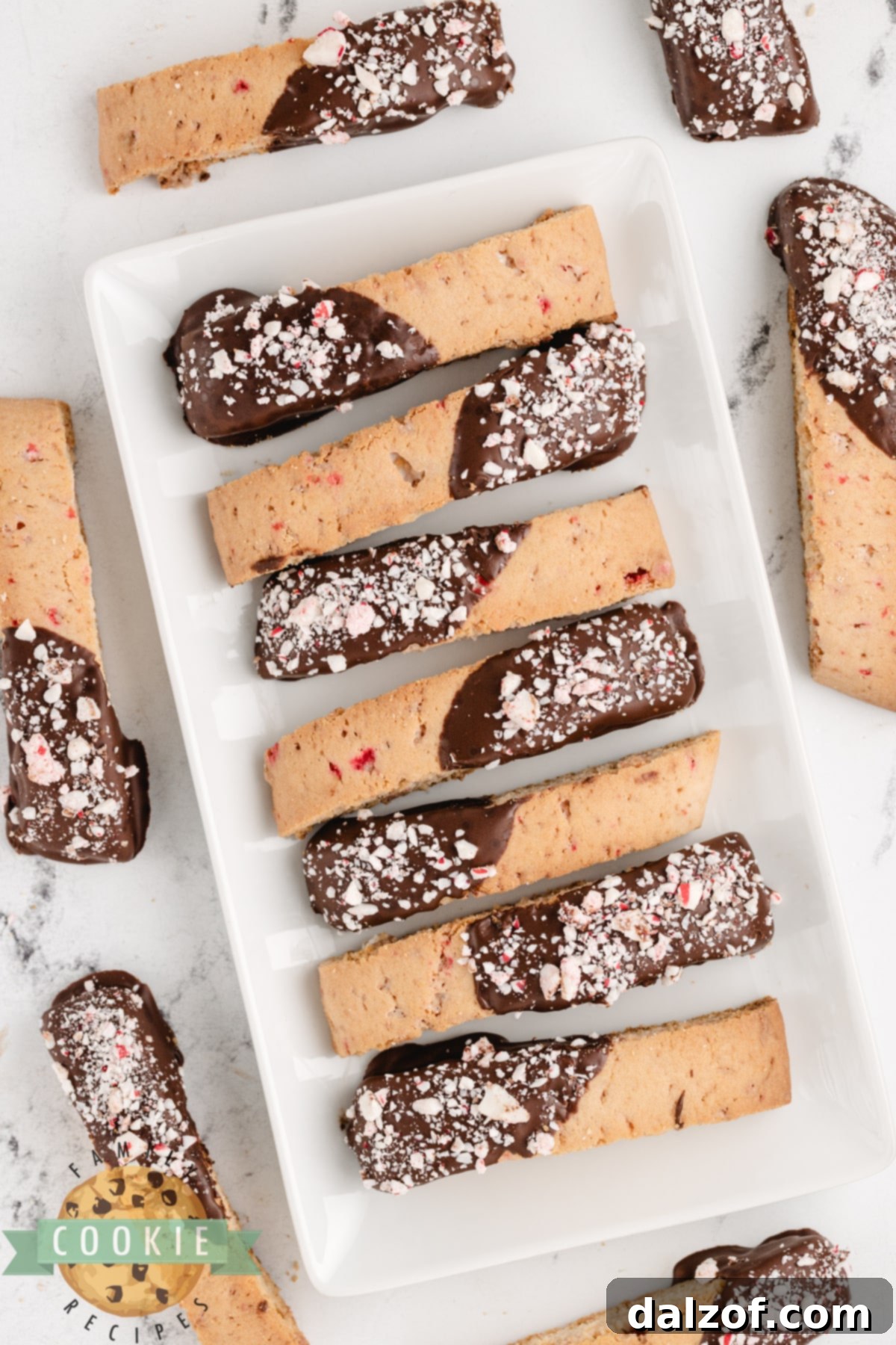 Peppermint cookies dipped in chocolate. 