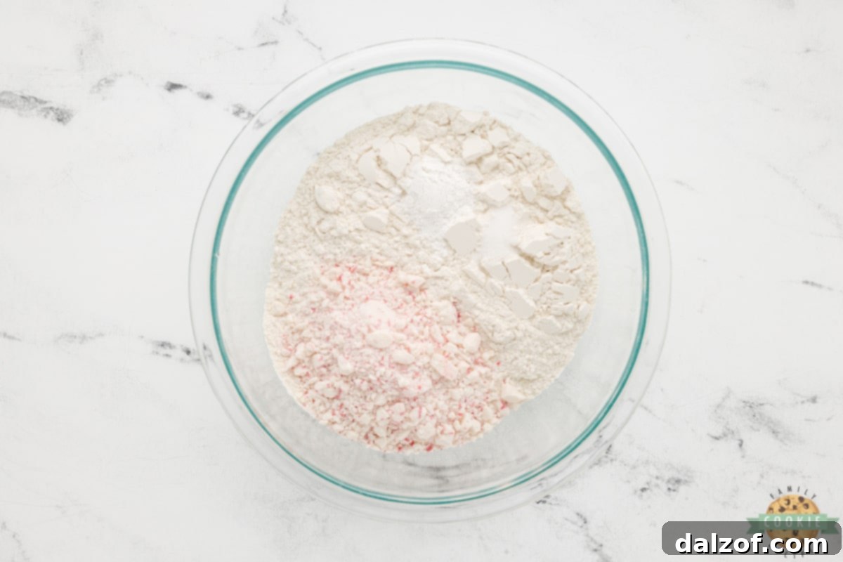 Mix flour, baking powder, salt, and crushed peppermint candy. 