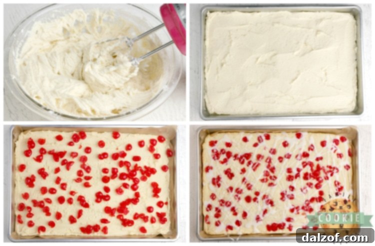 Step-by-step imagery demonstrating the preparation of cherry almond cookie bars, from mixing to baking.