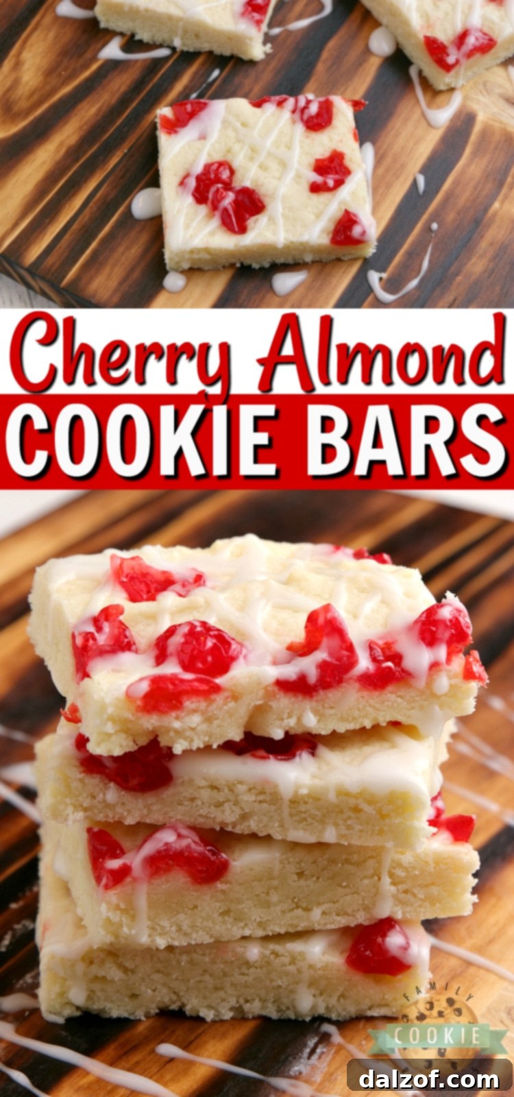 A close-up of a single Cherry Almond Cookie Bar, showing the soft interior, glazed top, and embedded cherries.
