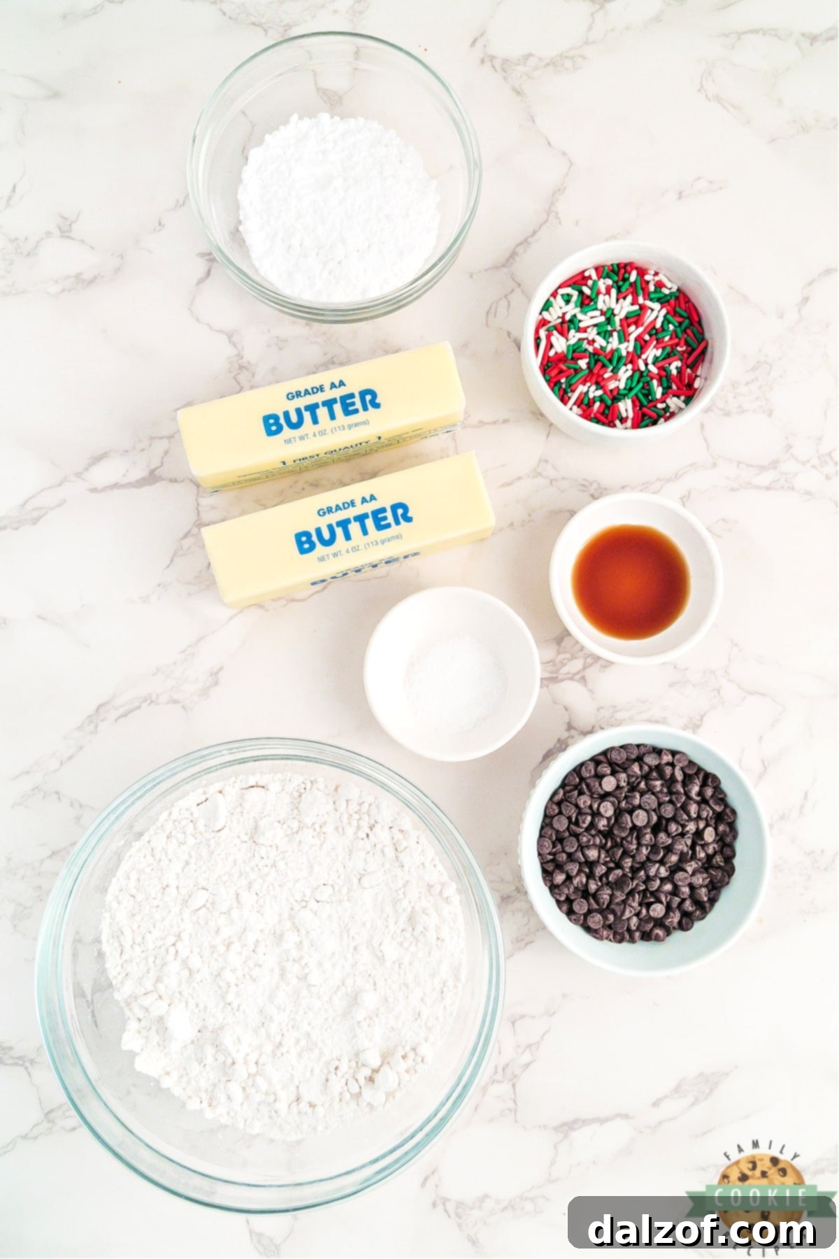 Ingredients in Christmas Snowball Cookies.