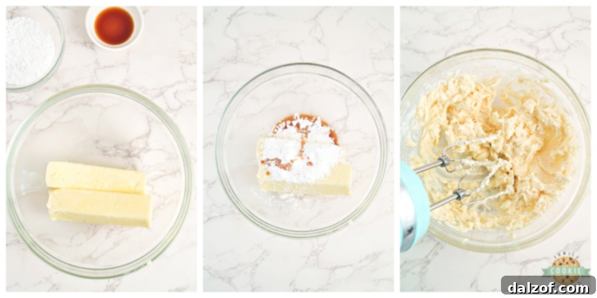 Creaming butter, powdered sugar, and vanilla.