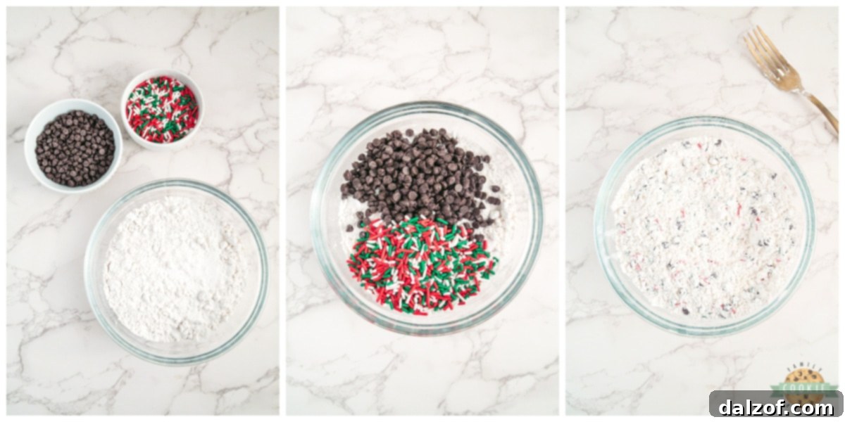 Mix flour, salt, chocolate chips, and sprinkles.