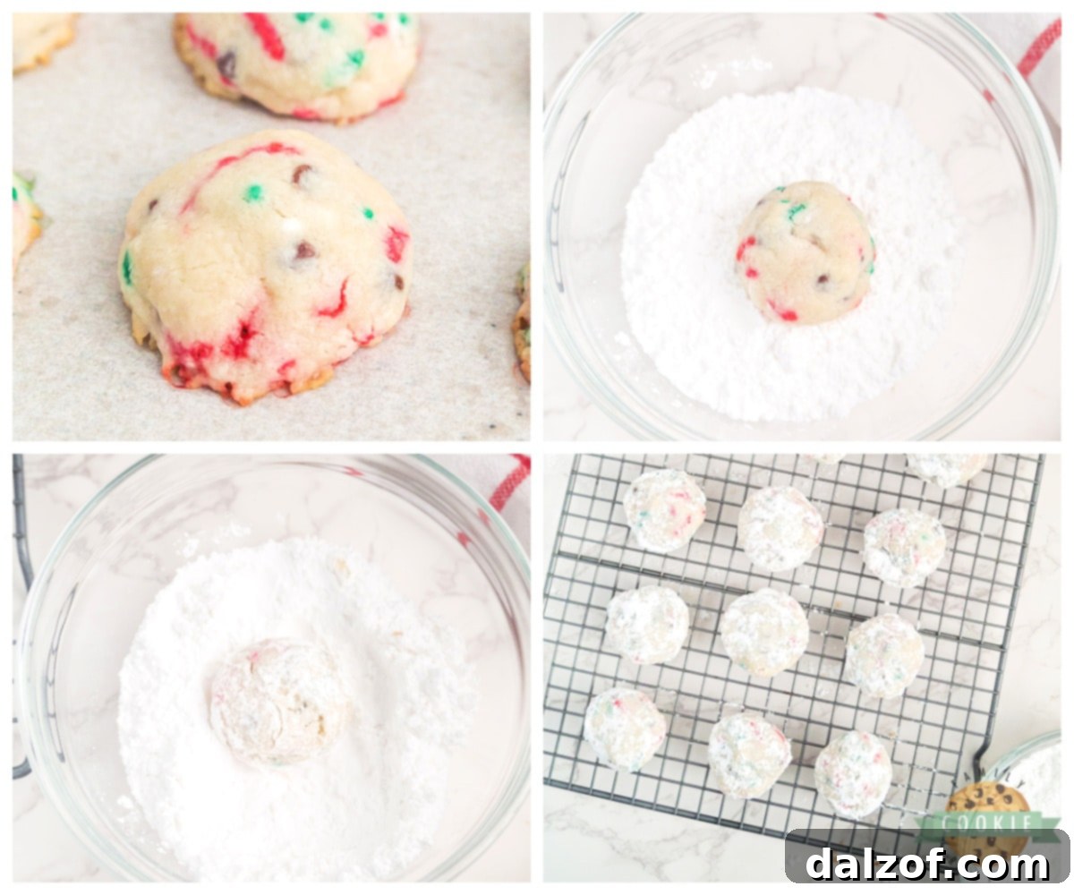 Roll baked cookies in powdered sugar.