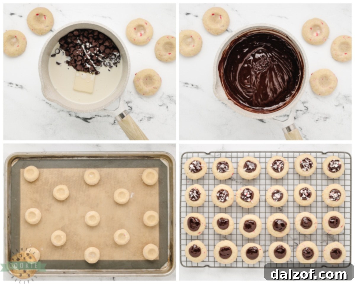 Step-by-step image illustrating how to make peppermint chocolate thumbprint cookies