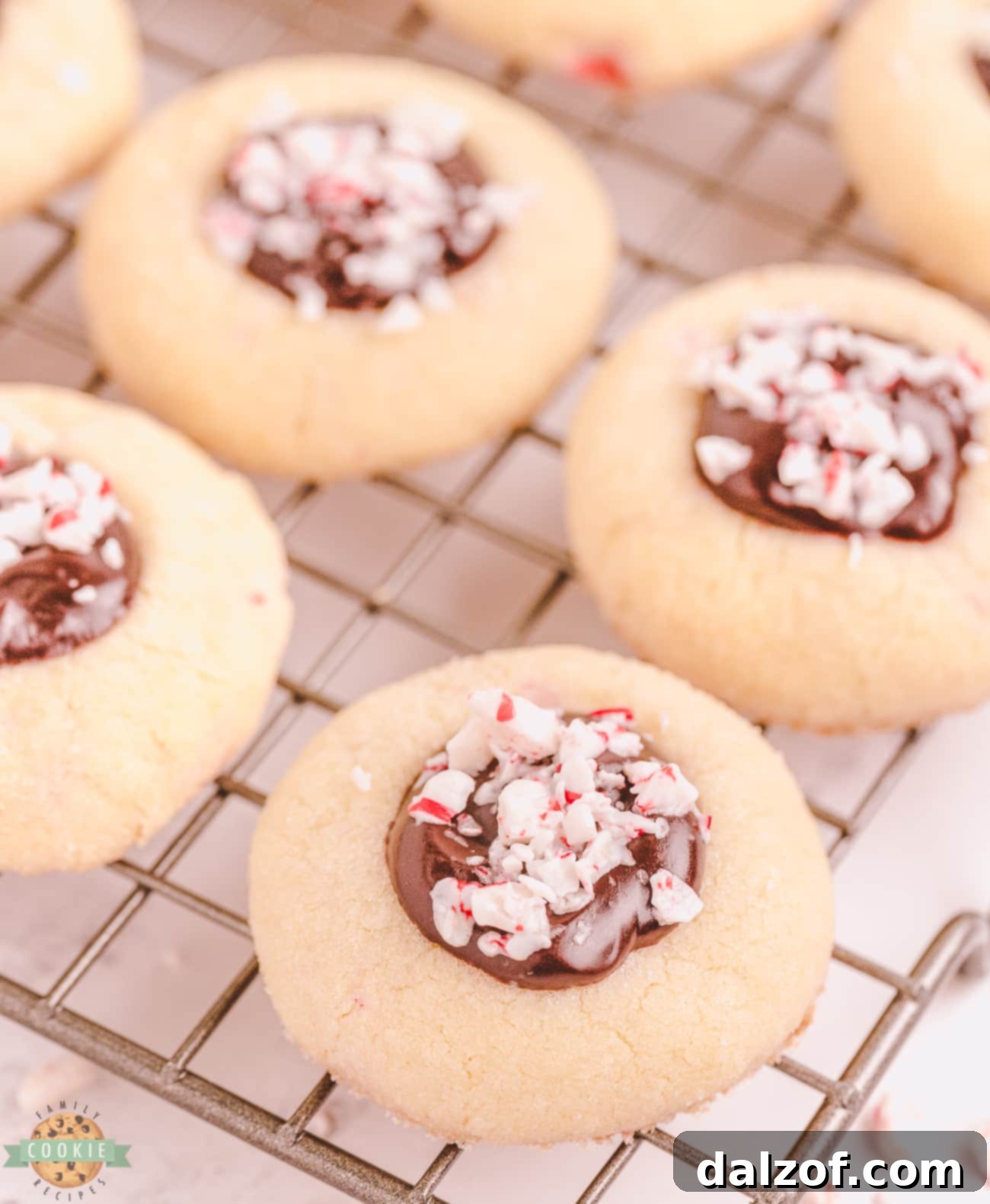 Peppermint chocolate thumbprints cooling on a wire rack, ready for filling.