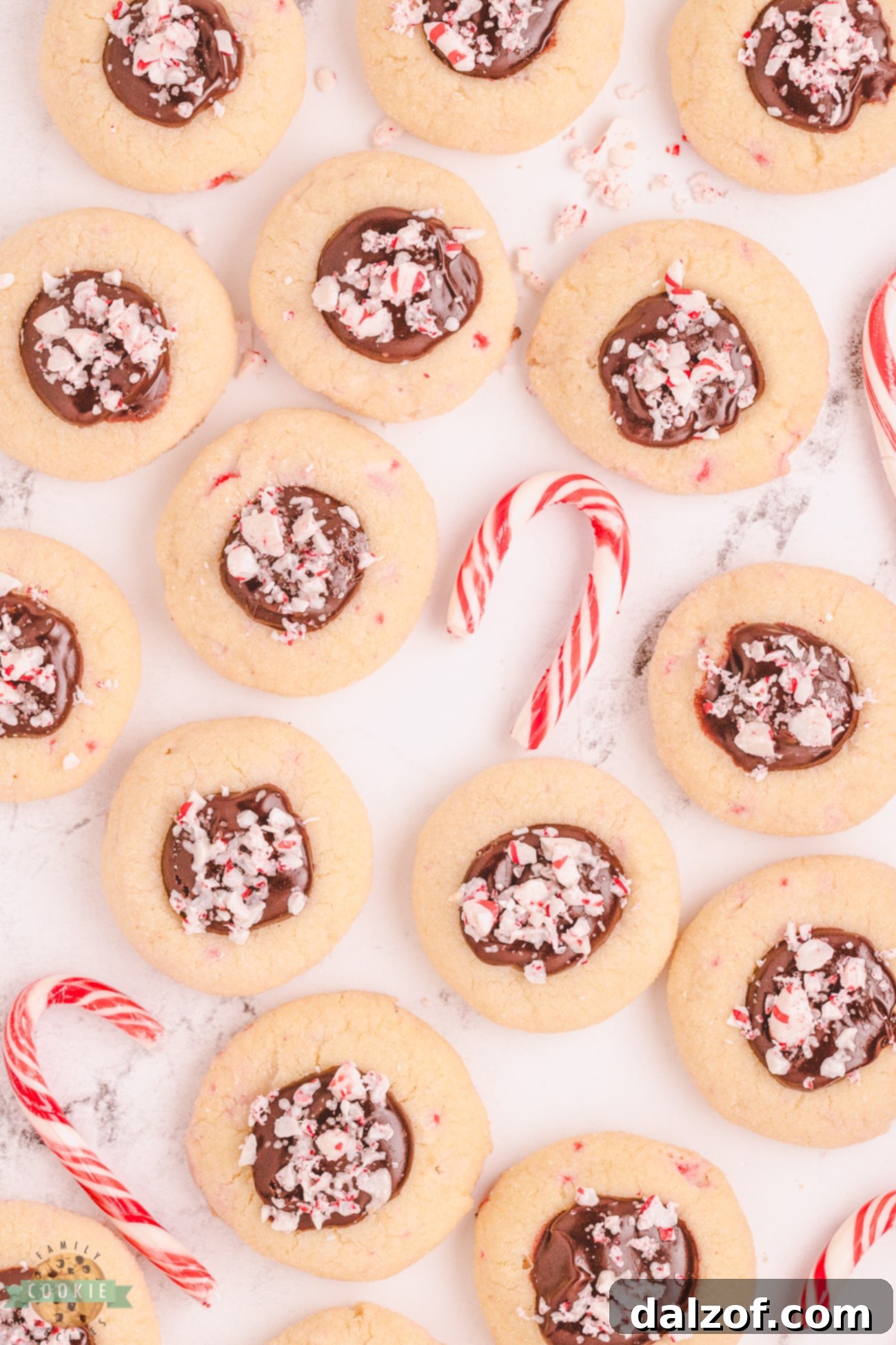 Chocolate peppermint thumbprint cookies topped with crushed candy canes on a platter.