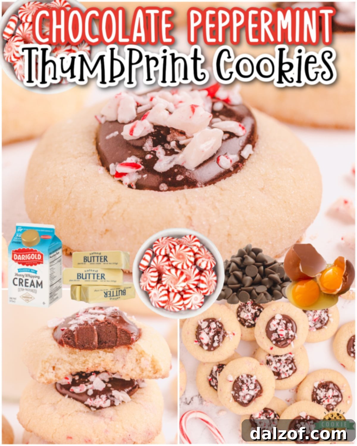 Peppermint Chocolate Thumbprint Cookies are buttery cookies dotted with crushed candy canes & topped with a pool of chocolate fudge for delightfully festive thumbprints!