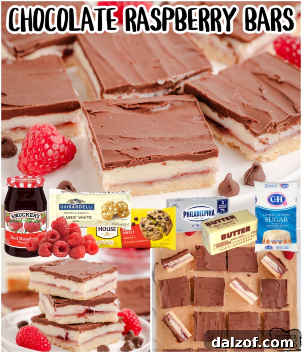 Raspberry Chocolate Bars are buttery cookie bars topped with a raspberry cream cheese & chocolate fudge. These delightful raspberry crumb bars are perfect for any occasion!