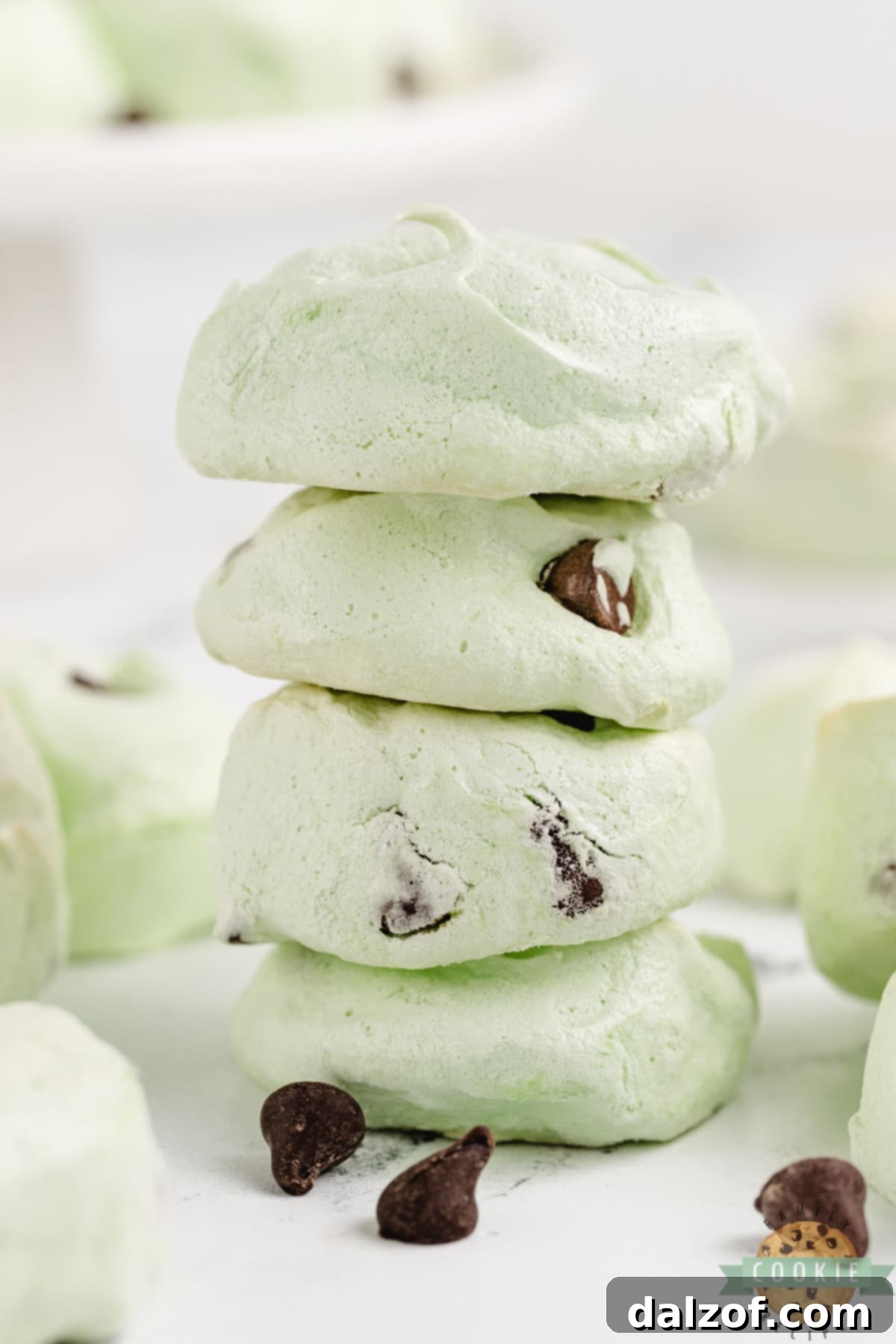 A perfectly stacked pile of Mint Chocolate Chip Meringue Cookies, ready to be enjoyed or shared.