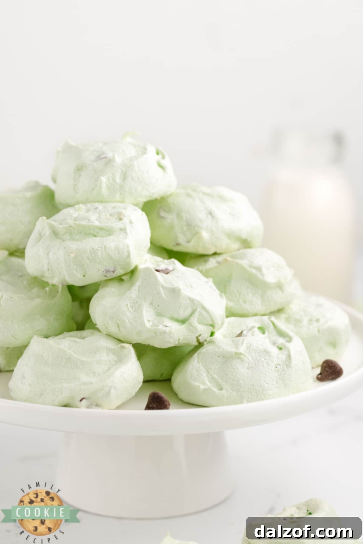 Close-up of Mint Chocolate Chip Meringue Cookies, highlighting the smooth meringue and scattered chocolate pieces.