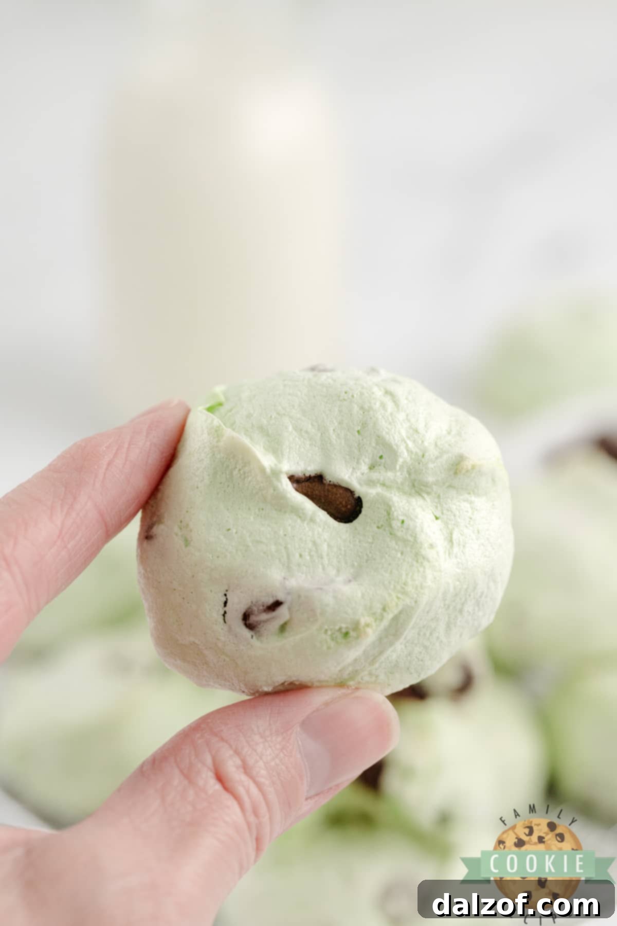 A vibrant display of Mint Chocolate Chip Meringue Cookies, showcasing their delightful green hue and enticing chocolate chips.