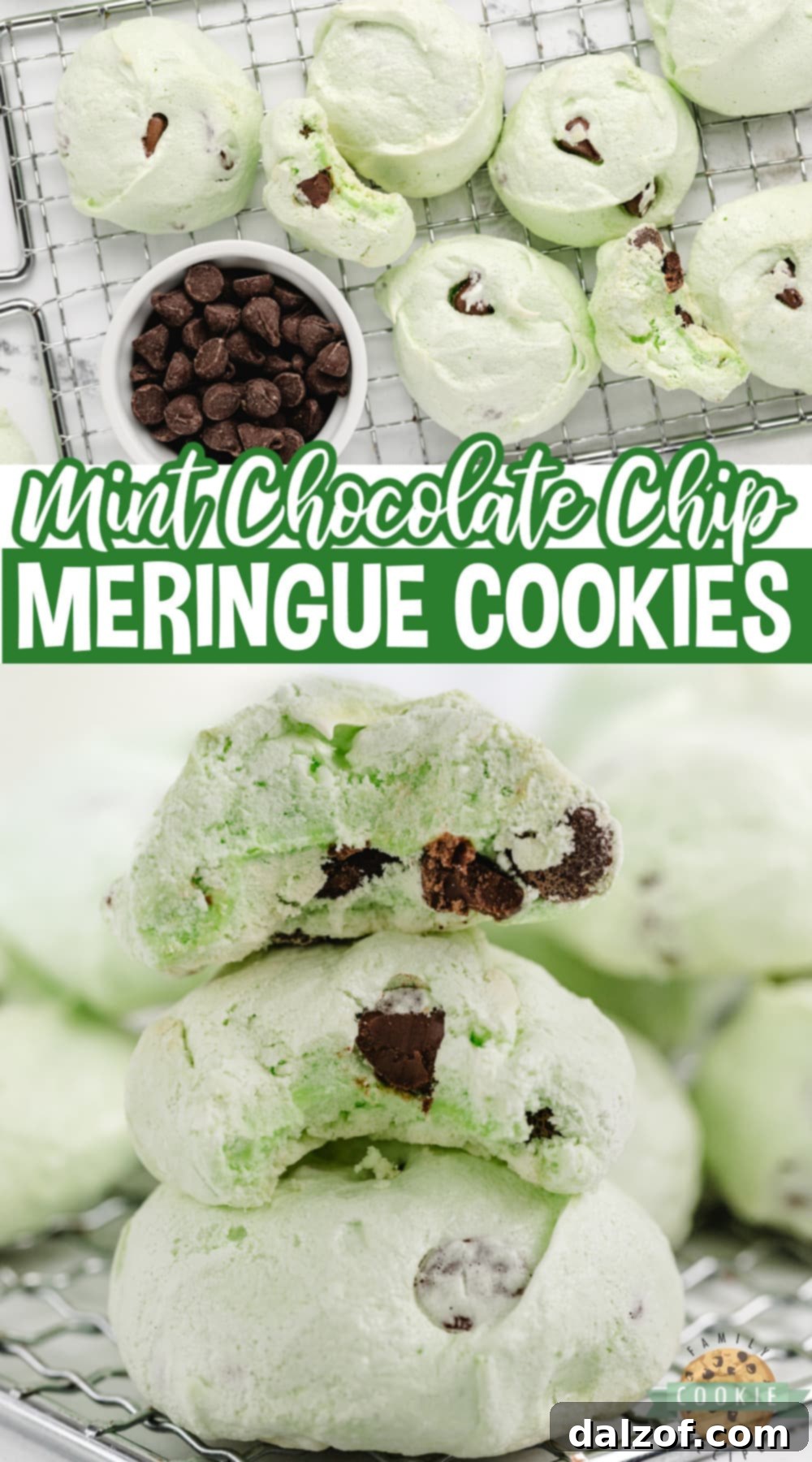 A large, inviting plate filled with light, crunchy Mint Chocolate Chip Meringue Cookies, ready for enjoyment.