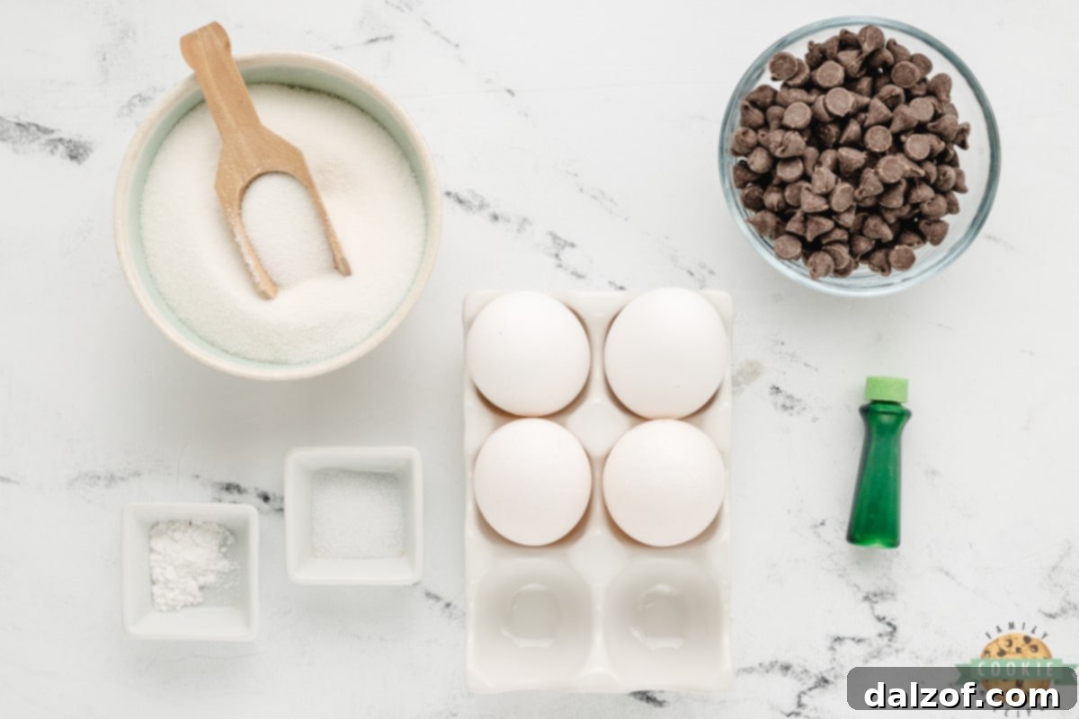 Assortment of fresh ingredients laid out for Mint Chocolate Chip Meringue Cookies, including egg whites, mint extract, sugar, and chocolate chips.