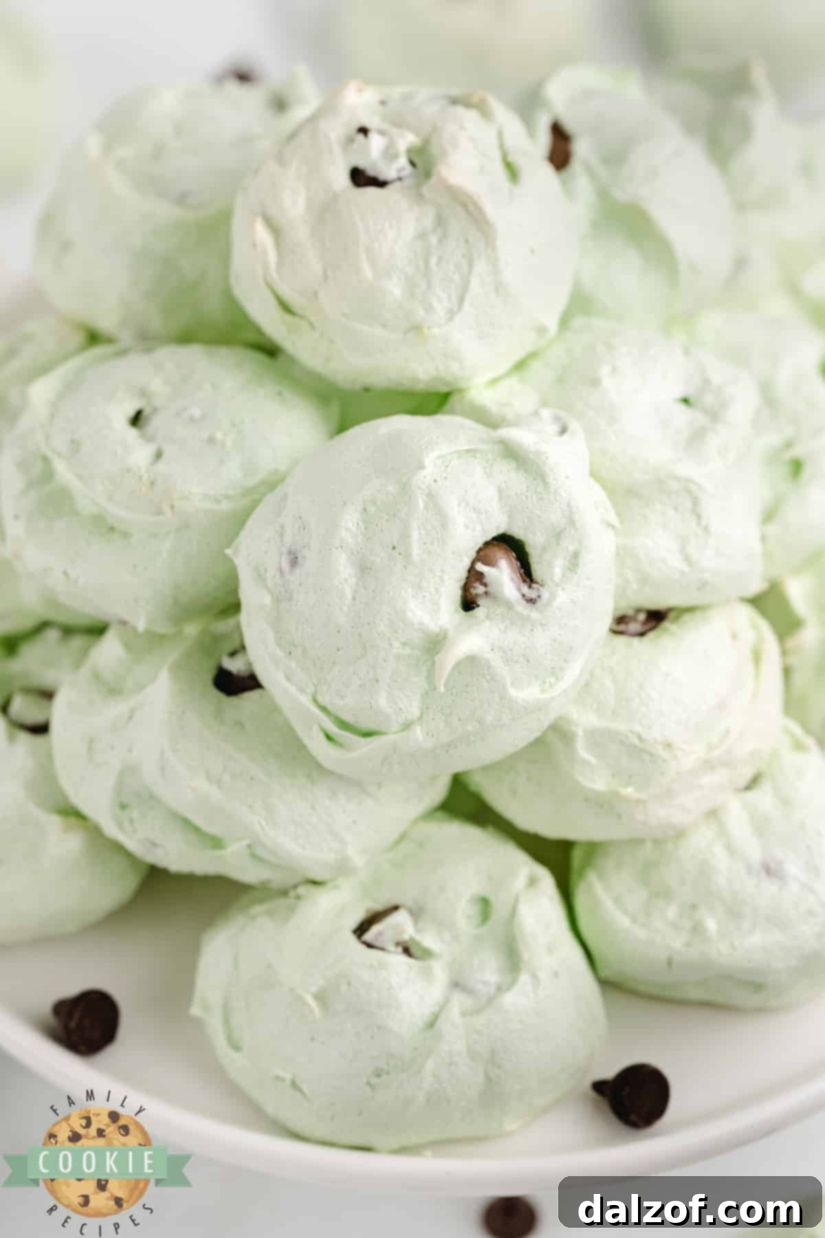 A close-up shot of perfectly baked Mint Chocolate Chip Meringue Cookies, showcasing their delicate texture and chocolate bits.