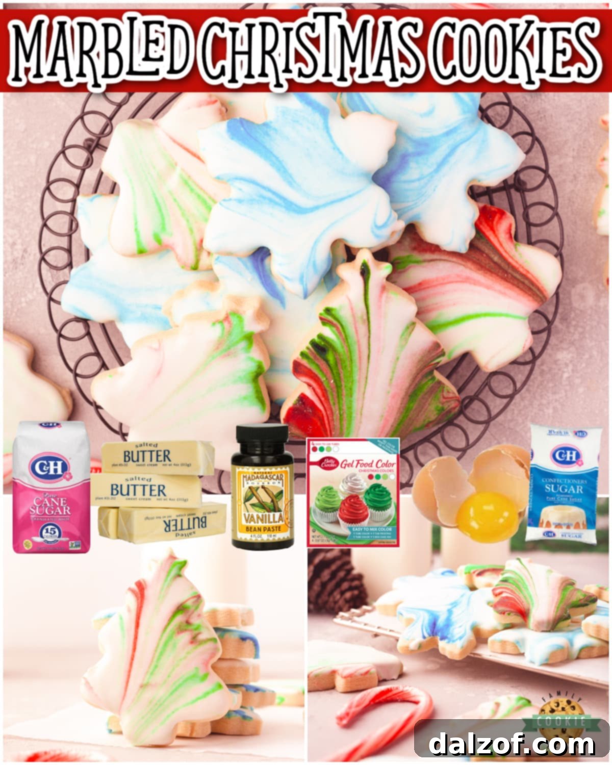 Marbled Christmas Cookies are tender, buttery sugar cookies dipped in royal icing with swirls of color to give the cookies a lovely marbled look! 