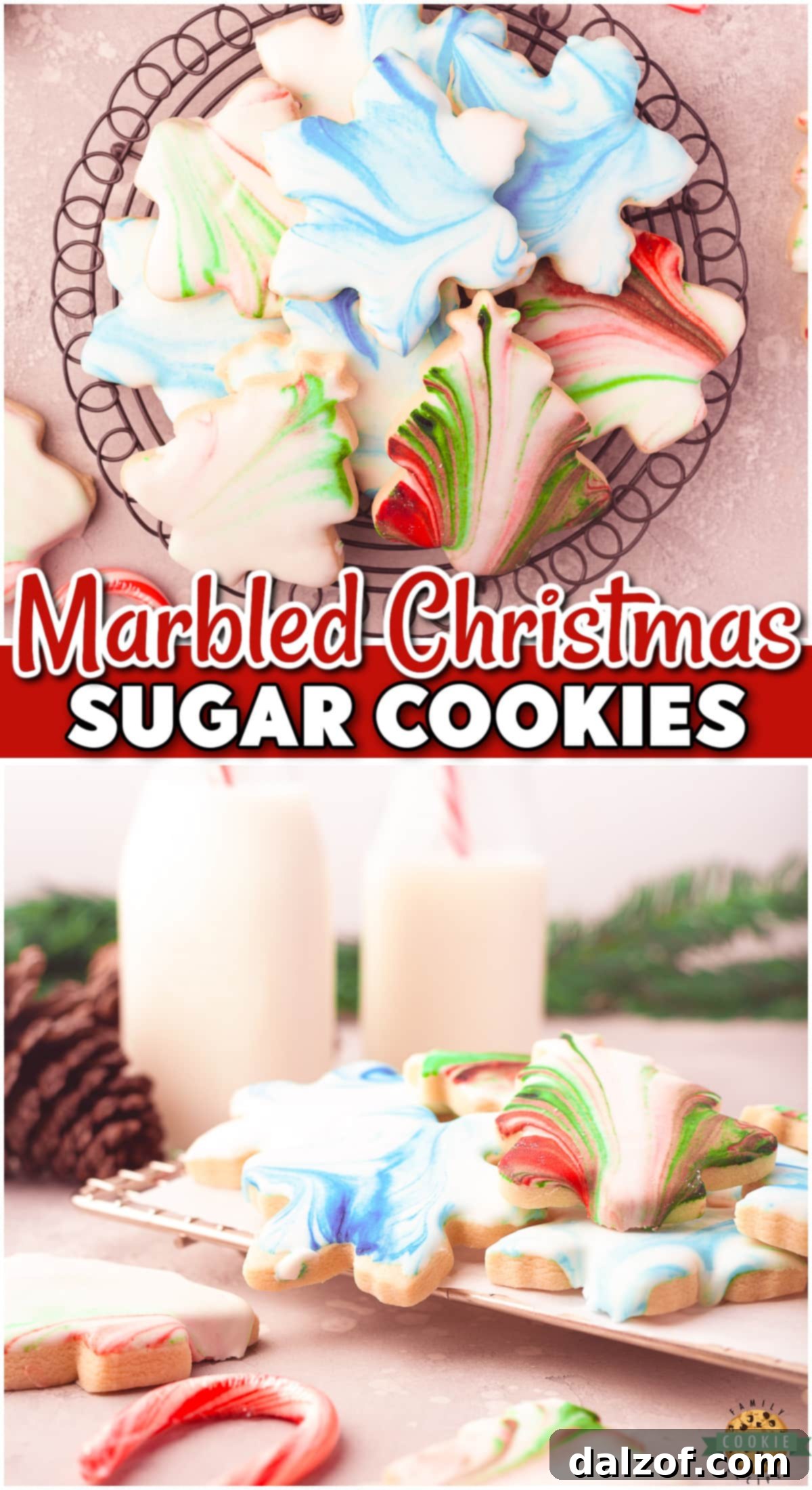 Marbled Christmas Cookies are tender, buttery sugar cookies dipped in royal icing with swirls of color to give the cookies a lovely marbled look! 