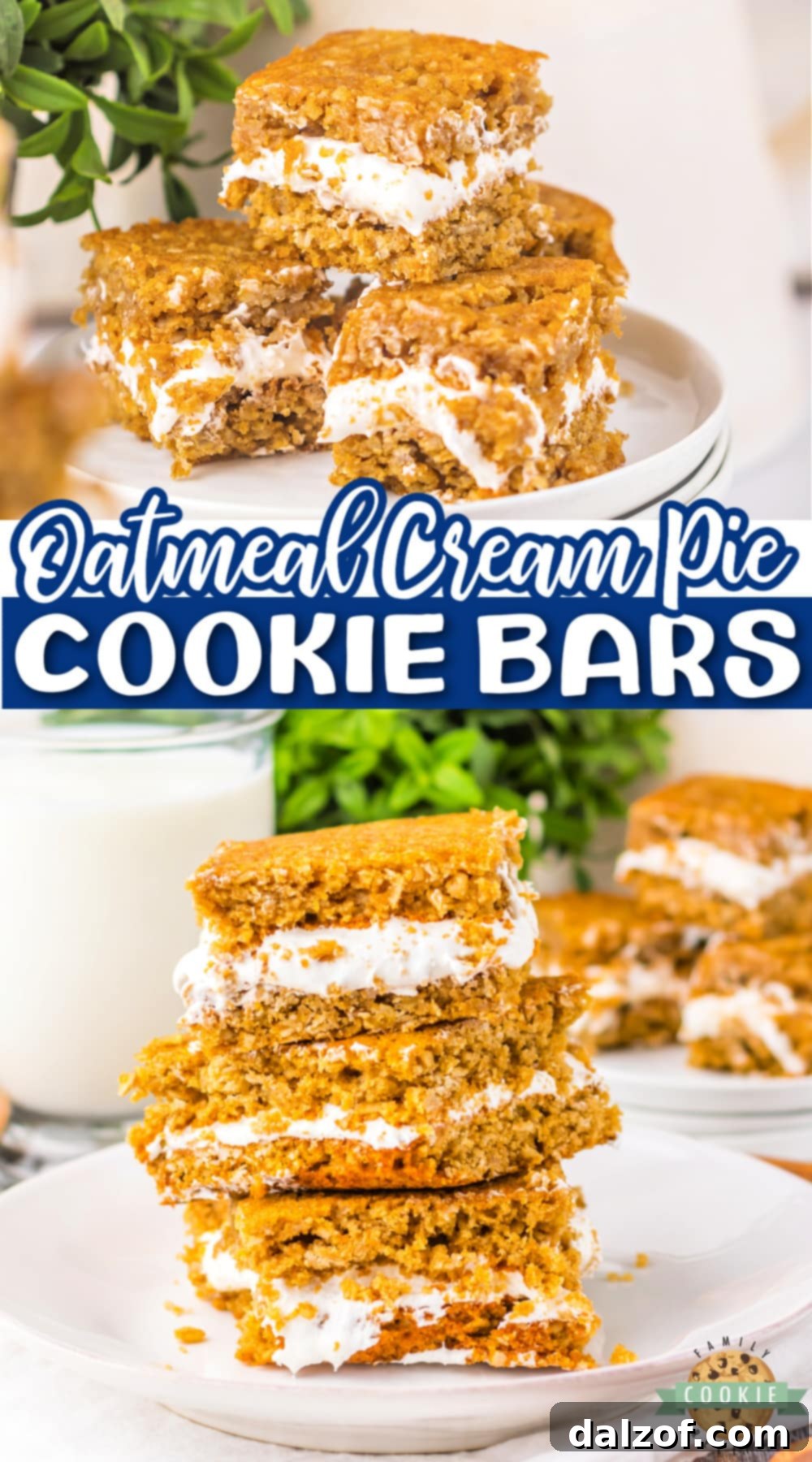 A stack of freshly baked Oatmeal Cream Pie Bars, showing the soft oatmeal cookies and creamy marshmallow filling.