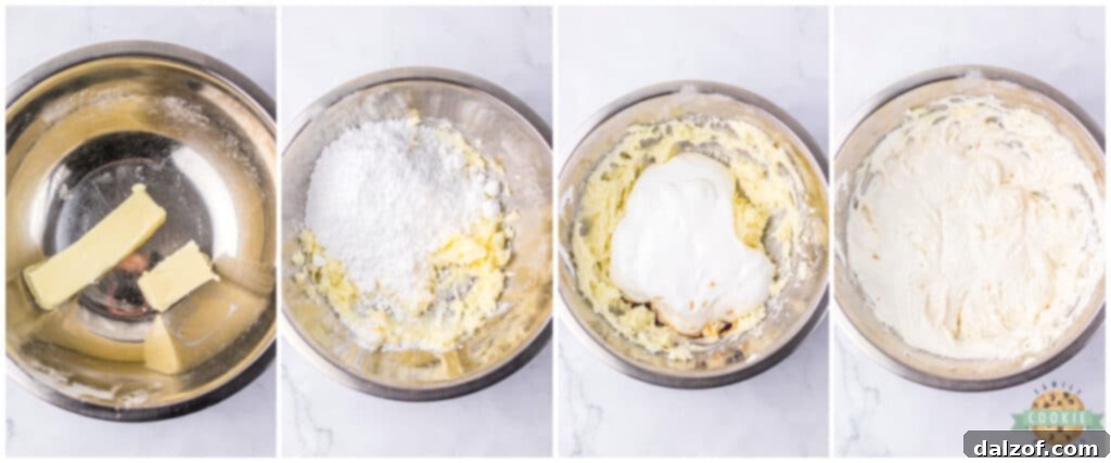 Preparing the marshmallow cream filling by beating butter, powdered sugar, marshmallow fluff, and vanilla together.
