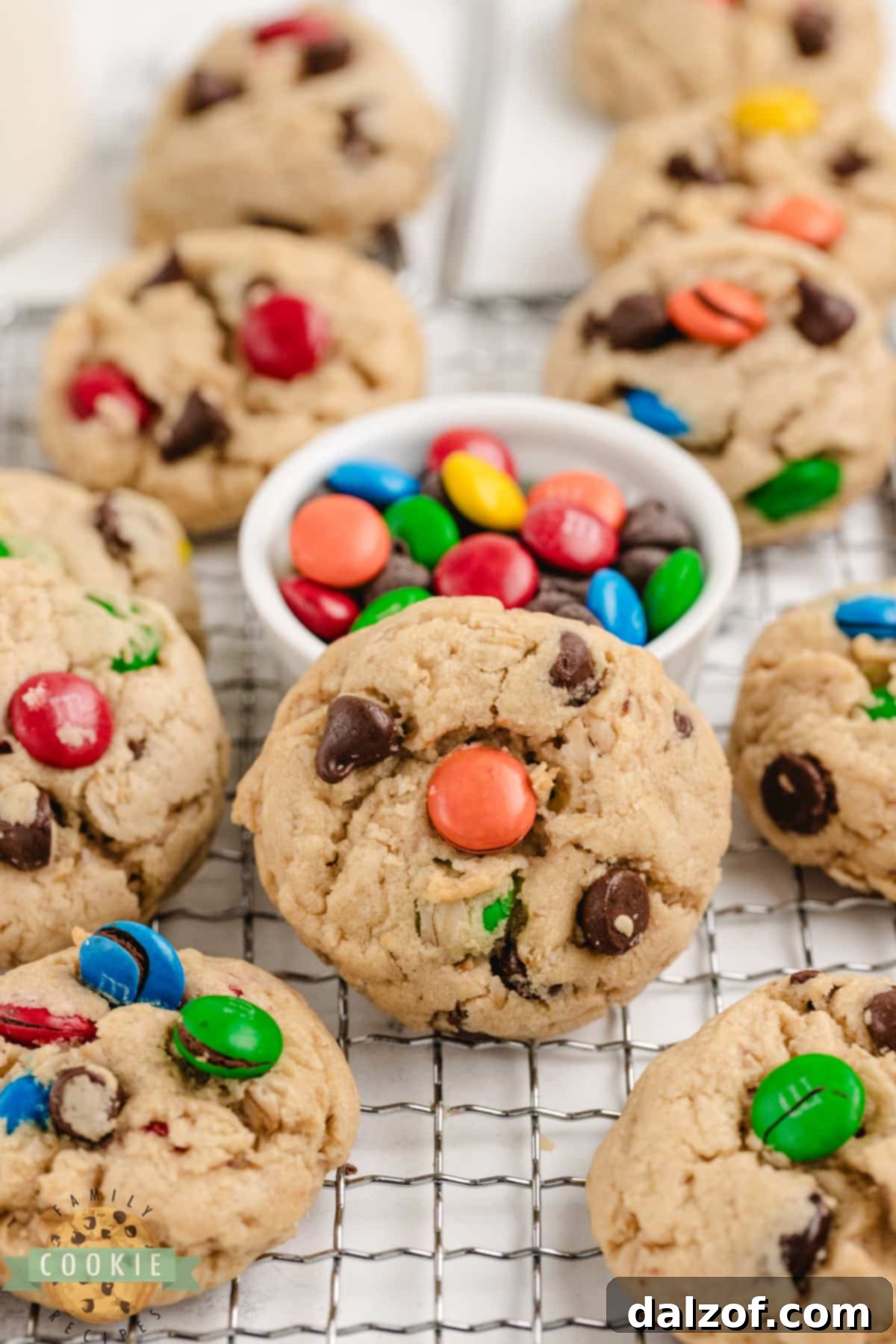 Delicious 5-Ingredient Monster Cookies made with sugar cookie dough, peanut butter, chocolate chips, M&Ms, and oats, offering an easy and quick baking solution.