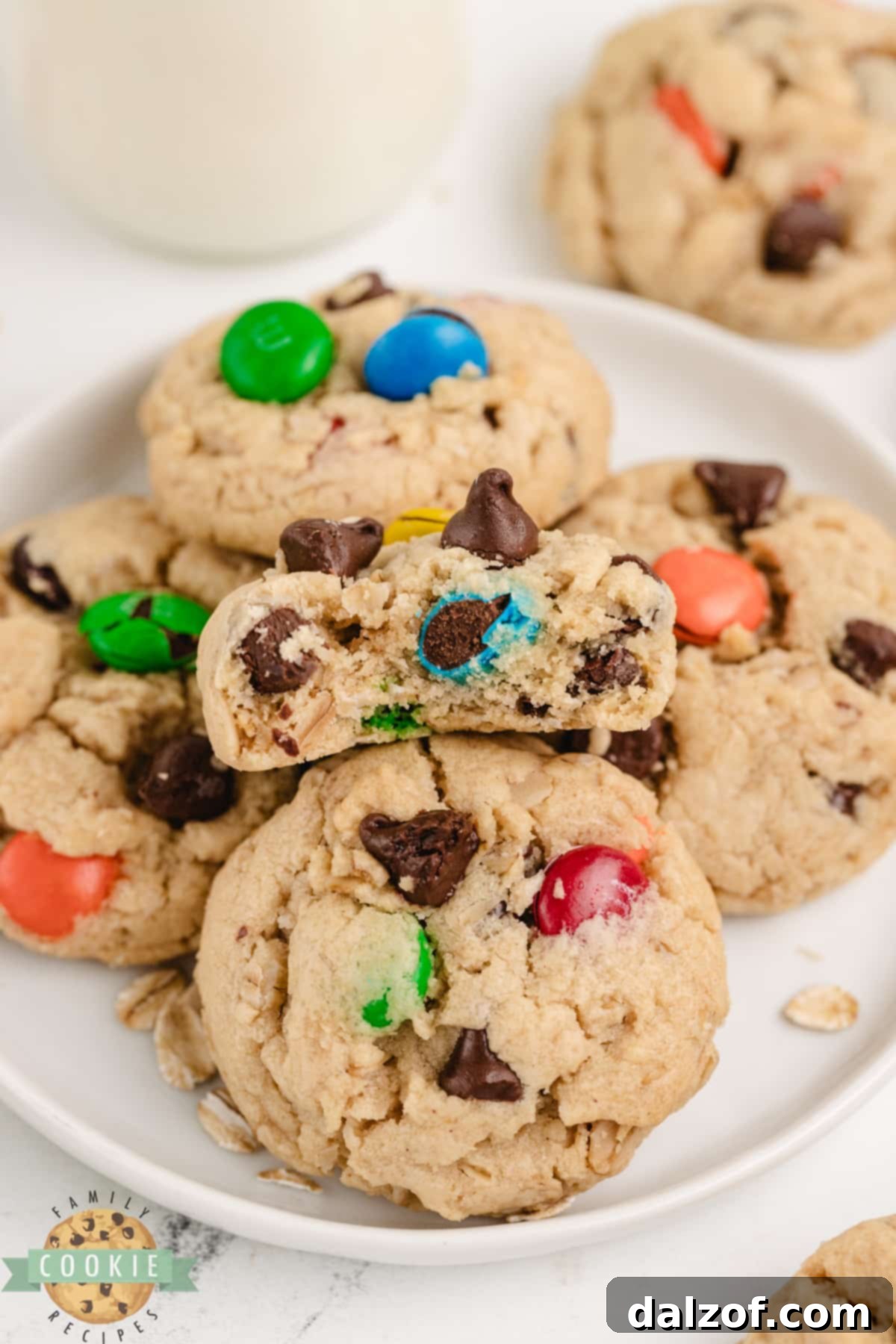 A plate of easy peanut butter cookies featuring oats, chocolate chips, and M&Ms, highlighting their rich texture and vibrant inclusions.
