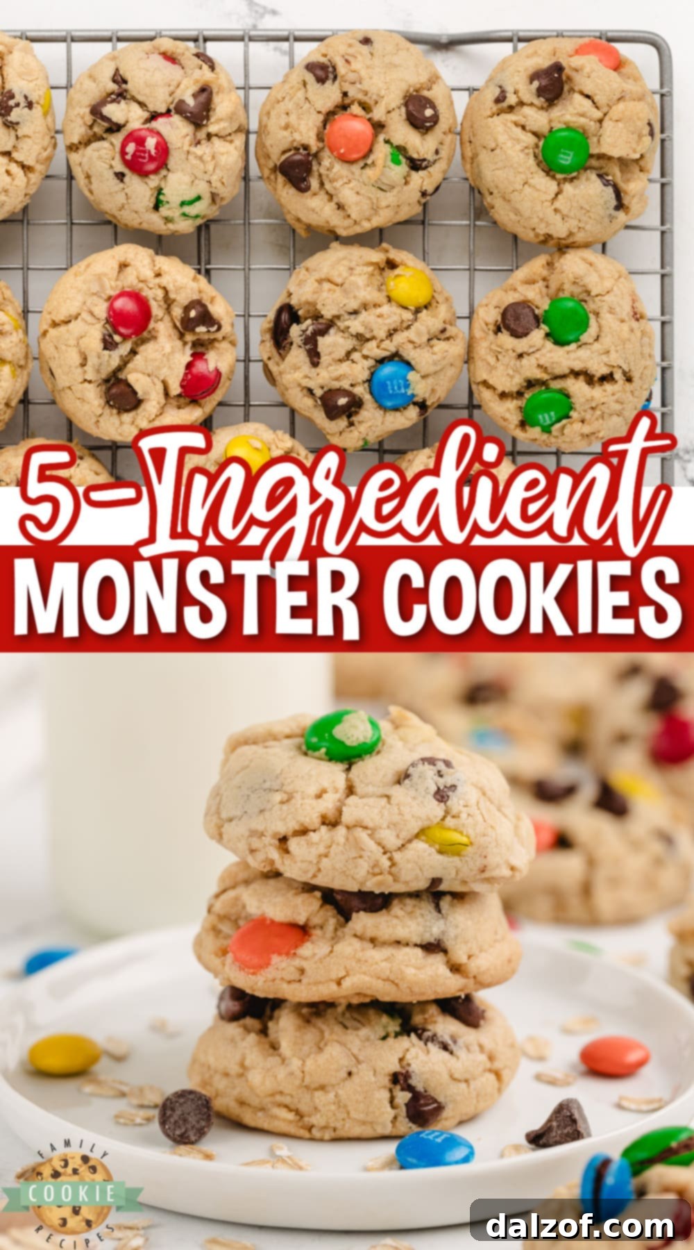 A stack of perfectly baked 5-Ingredient Monster Cookies, showcasing their delightful combination of flavors and textures.