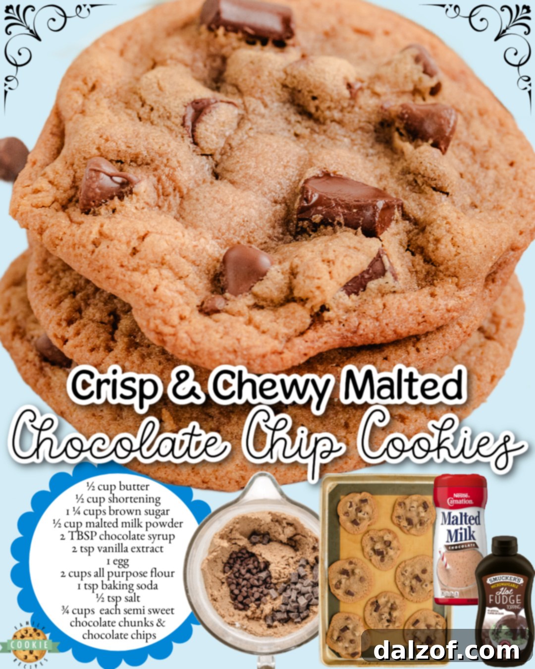 Close-up of freshly baked Malted Chocolate Chip Cookies, highlighting their delicious texture