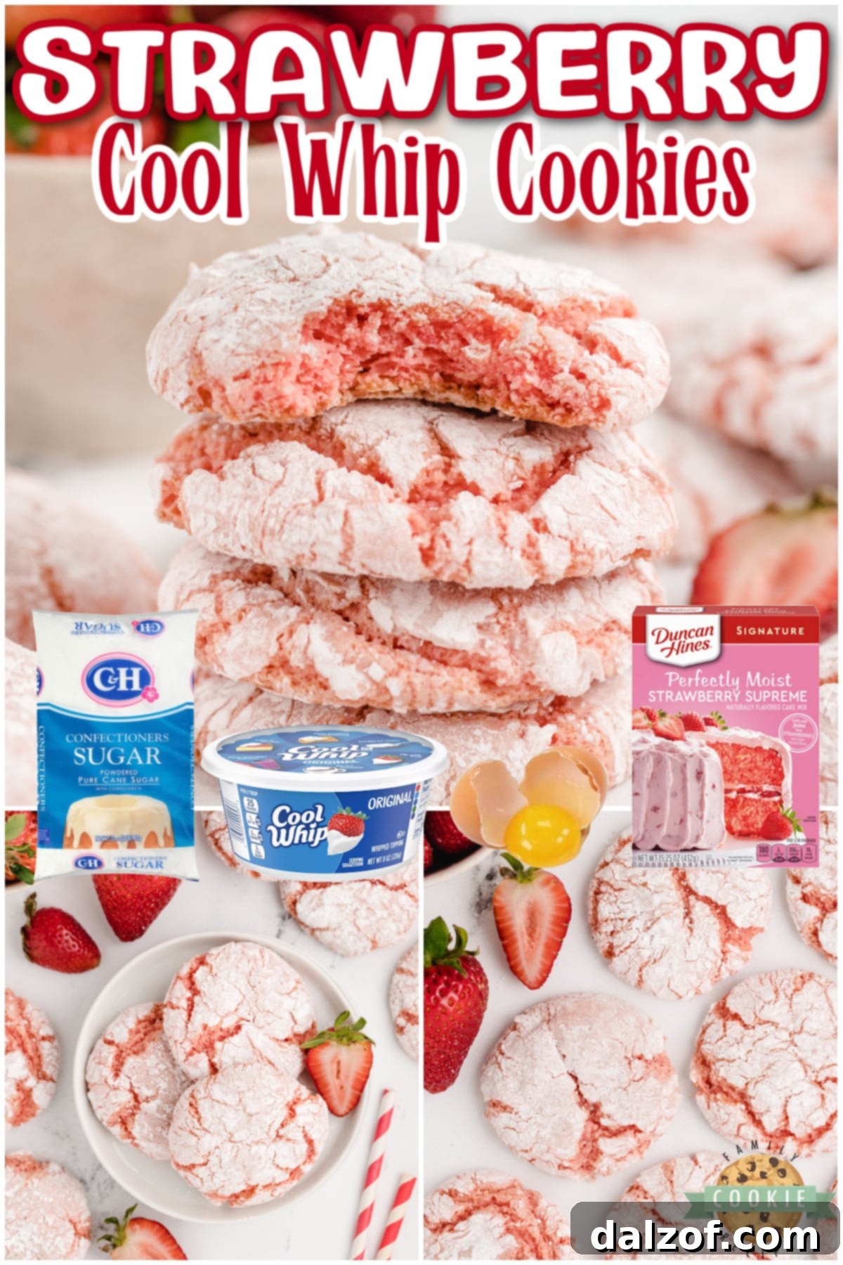 A collage of various images of Strawberry Cool Whip Cookies, highlighting different angles and presentations of the delicious treat.