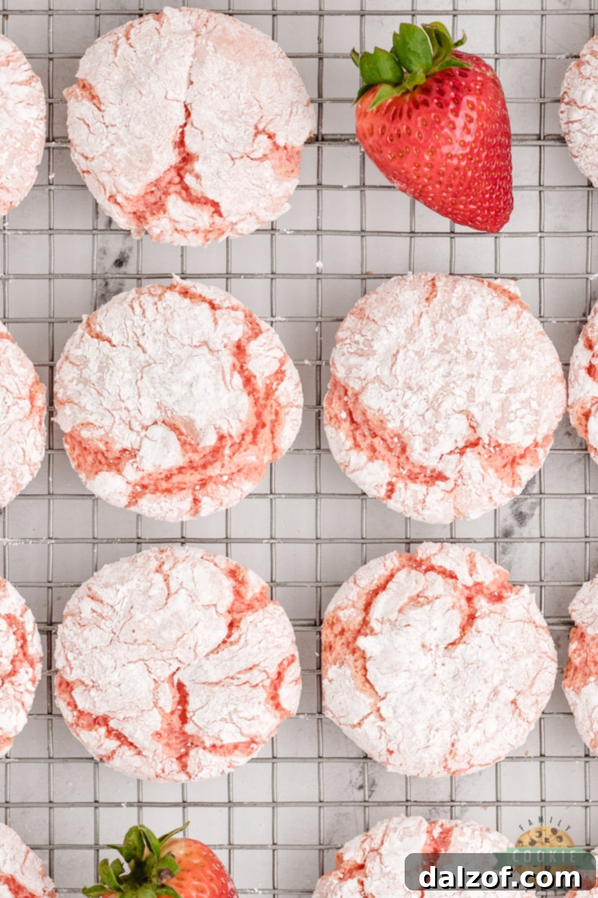 A stack of several Strawberry Cool Whip Cookies, with one broken in half to show its soft, fluffy interior.