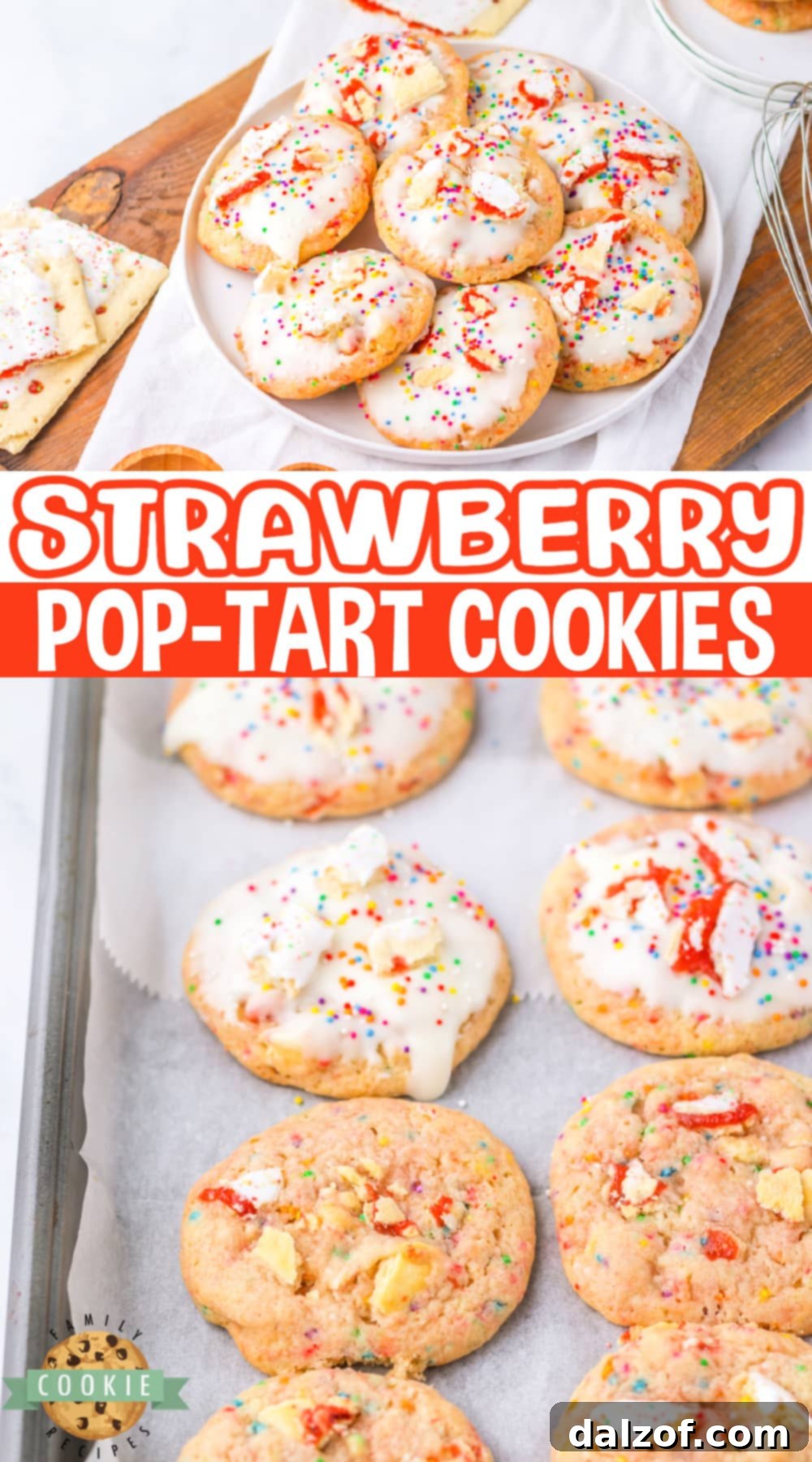 Close-up of a stack of Strawberry Pop-Tart Cookies, showcasing their delightful texture and frosting.