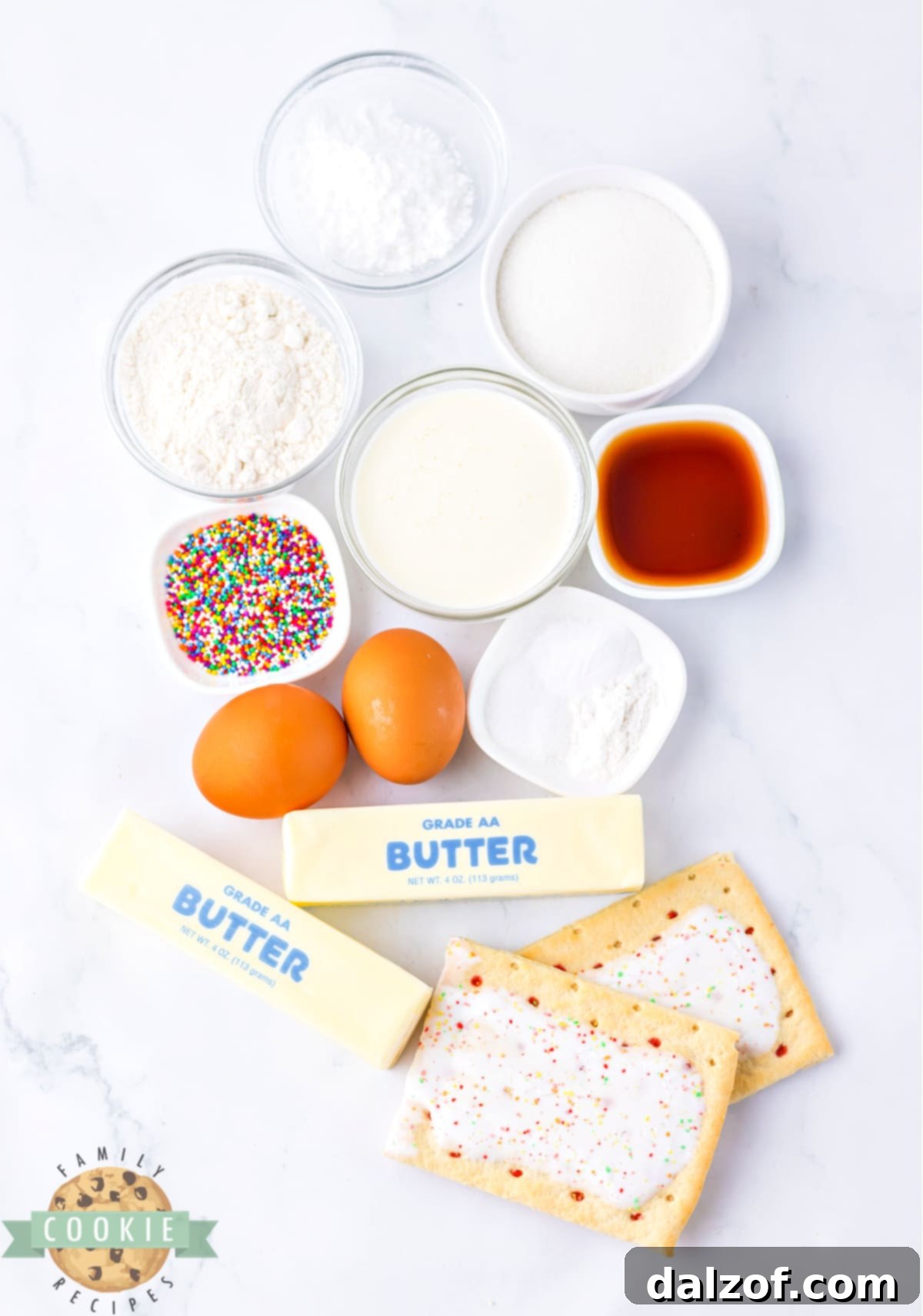 A vibrant display of ingredients ready for making Strawberry Pop-Tart Cookies.