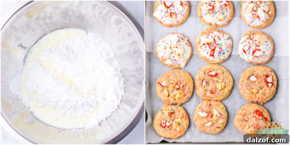 Freshly baked Pop-Tart cookies being dipped into a sweet glaze.