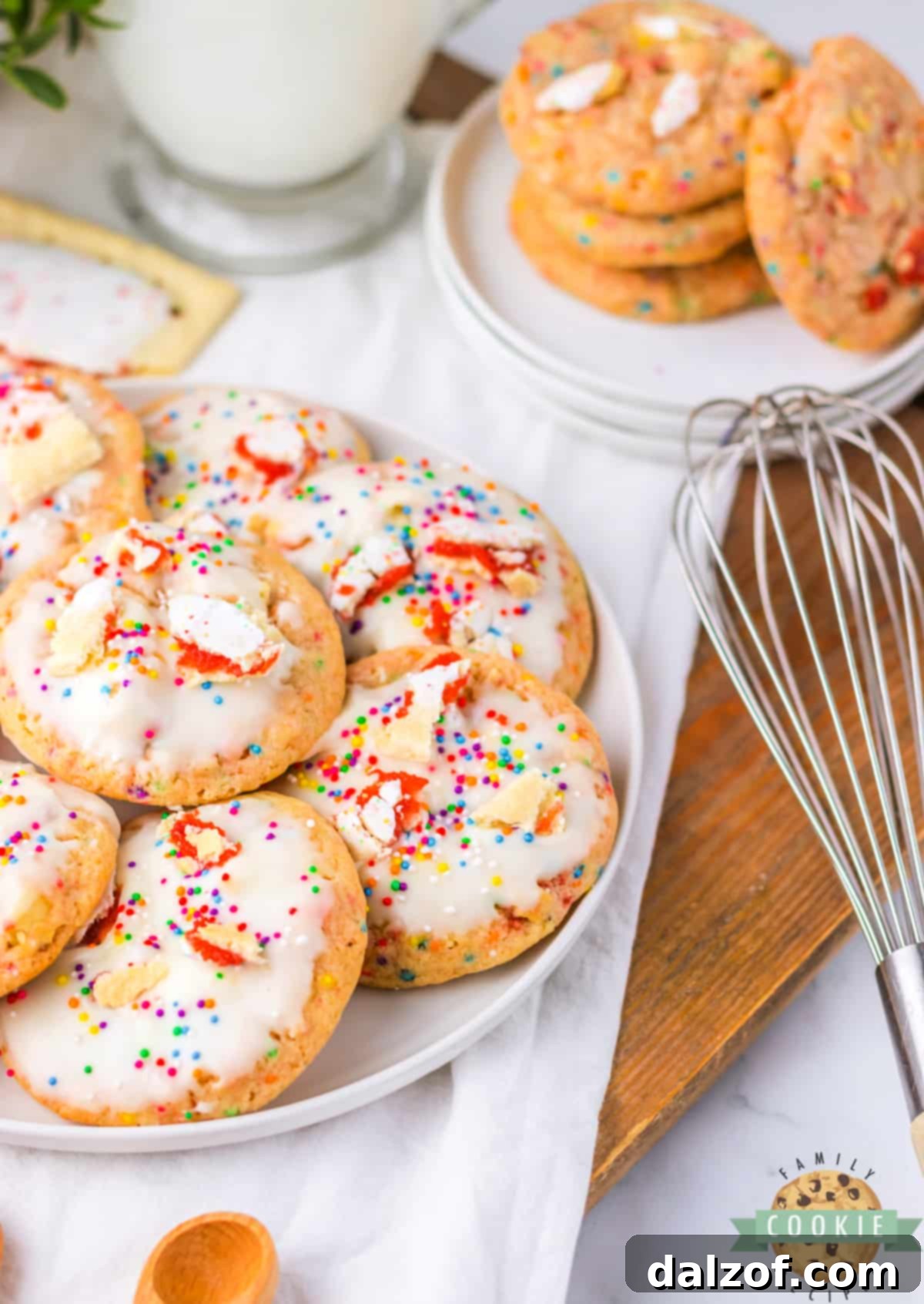 A plate of freshly baked sugar cookies with Pop-Tart pieces and colorful glaze.