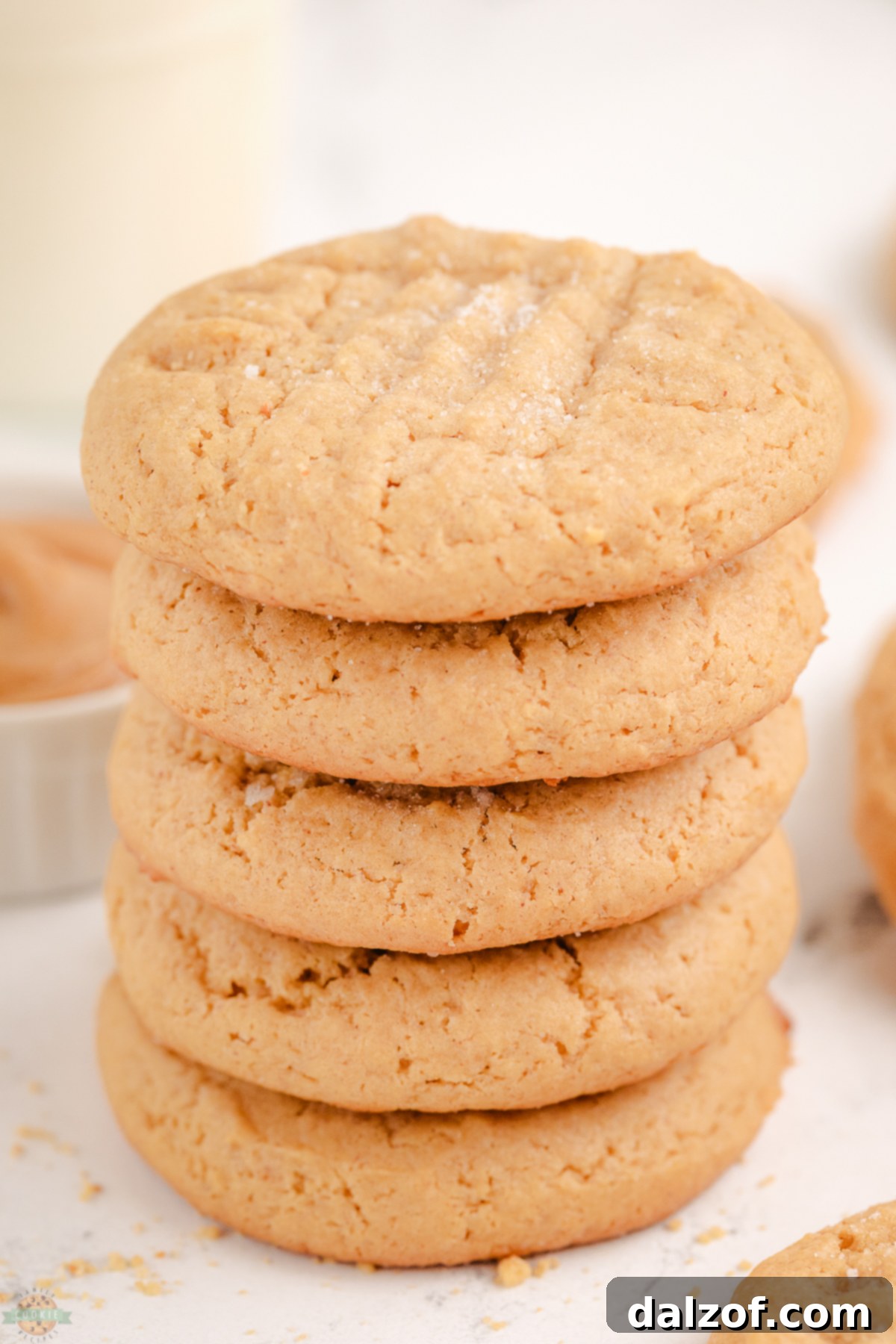 Stack of freshly baked soft and chewy peanut butter cake mix cookies