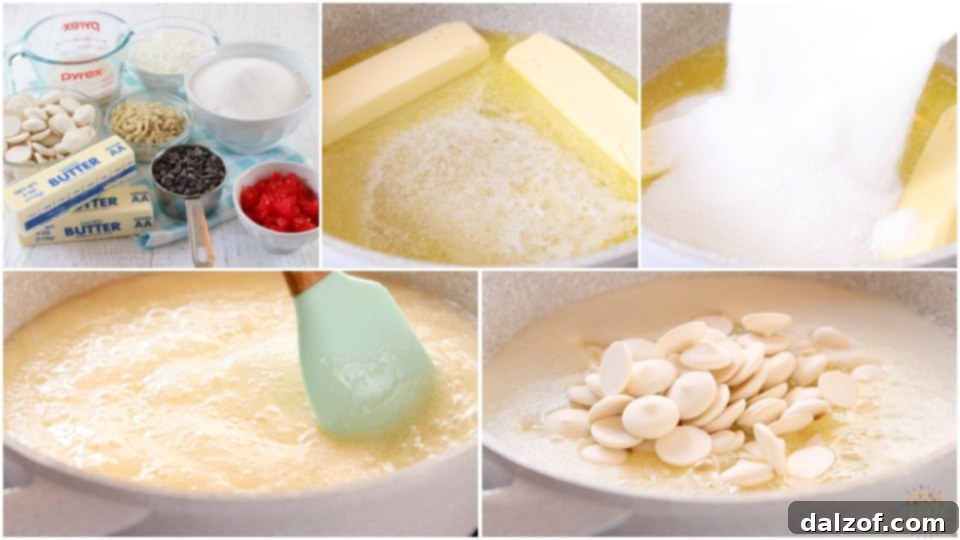 Collage of ingredients and steps for Cherry Chocolate Chip No-Bake Cookies