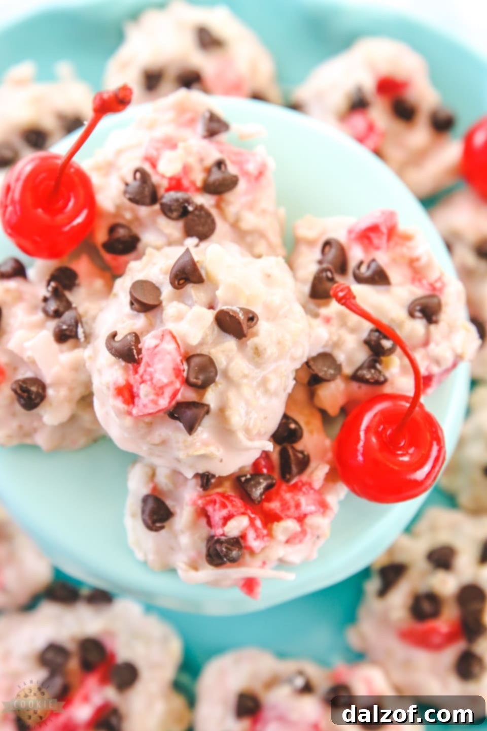 Cherry Chocolate Chip No-Bake Cookies served on a tiered tray