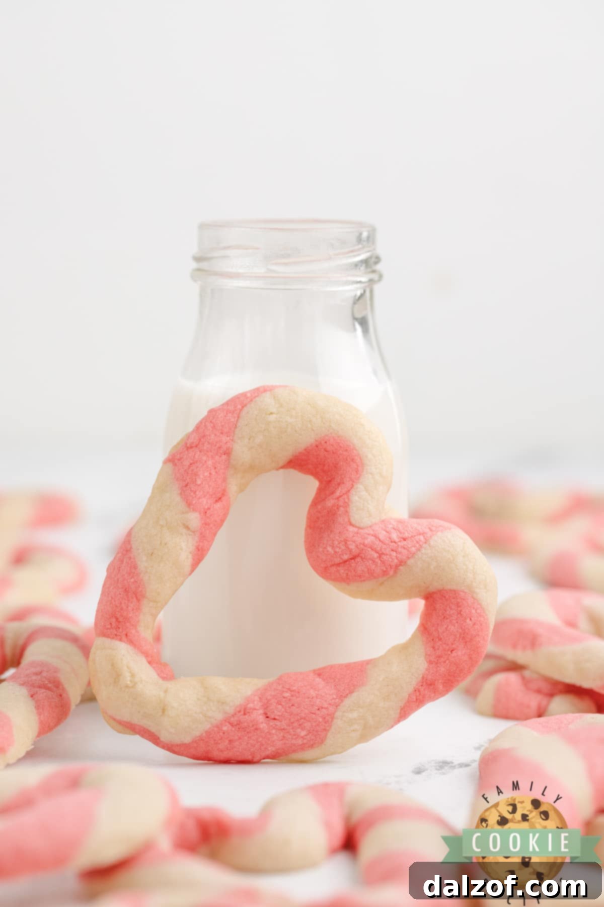 A beautifully composed shot of Braided Sweetheart Cookies, emphasizing their intricate pink and white twisted heart design.