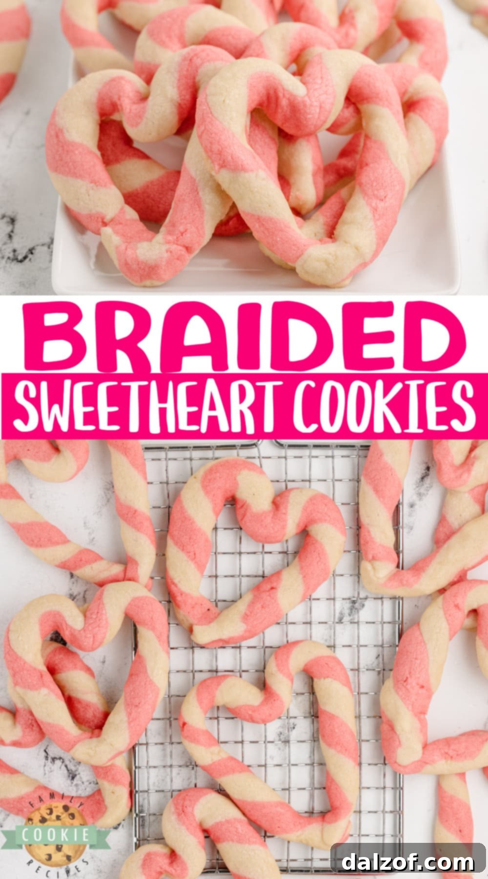 A lovely presentation of Braided Sweetheart Cookies on a wooden board, showcasing their vibrant pink and white braided design and perfect heart shape. These cookies are ideal for gifting or sharing.