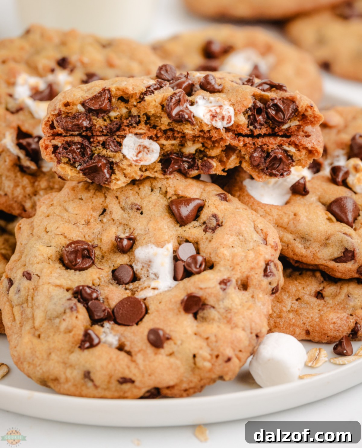Oatmeal marshmallow cookies in a pile with one broken in half, showing the gooey marshmallow center