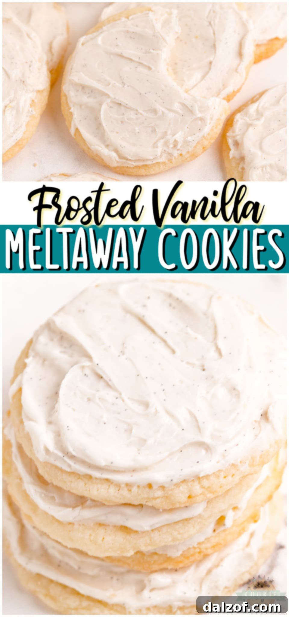 Frosted Vanilla Meltaway Cookies on a white plate, ready to be served