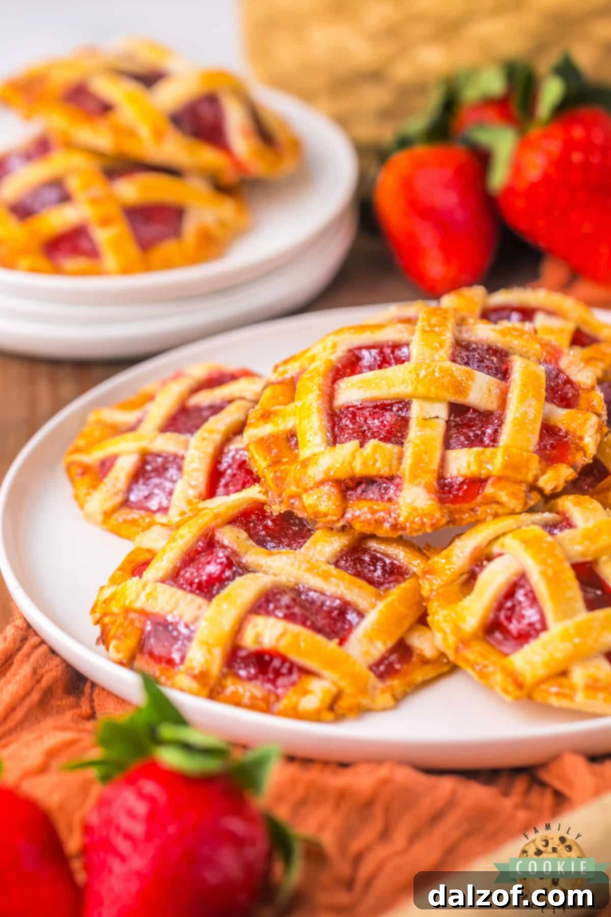 Delightful Strawberry Pie Cookies, miniature strawberry pies made effortlessly with only 4 ingredients, including vibrant strawberry pie filling and convenient pre-made pie crust.
