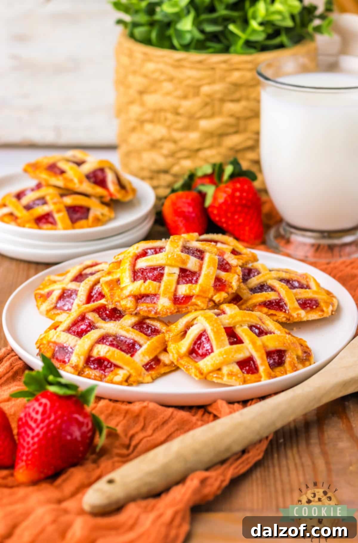 A charming plate of freshly baked mini strawberry pies, showcasing their golden-brown crusts and vibrant filling.