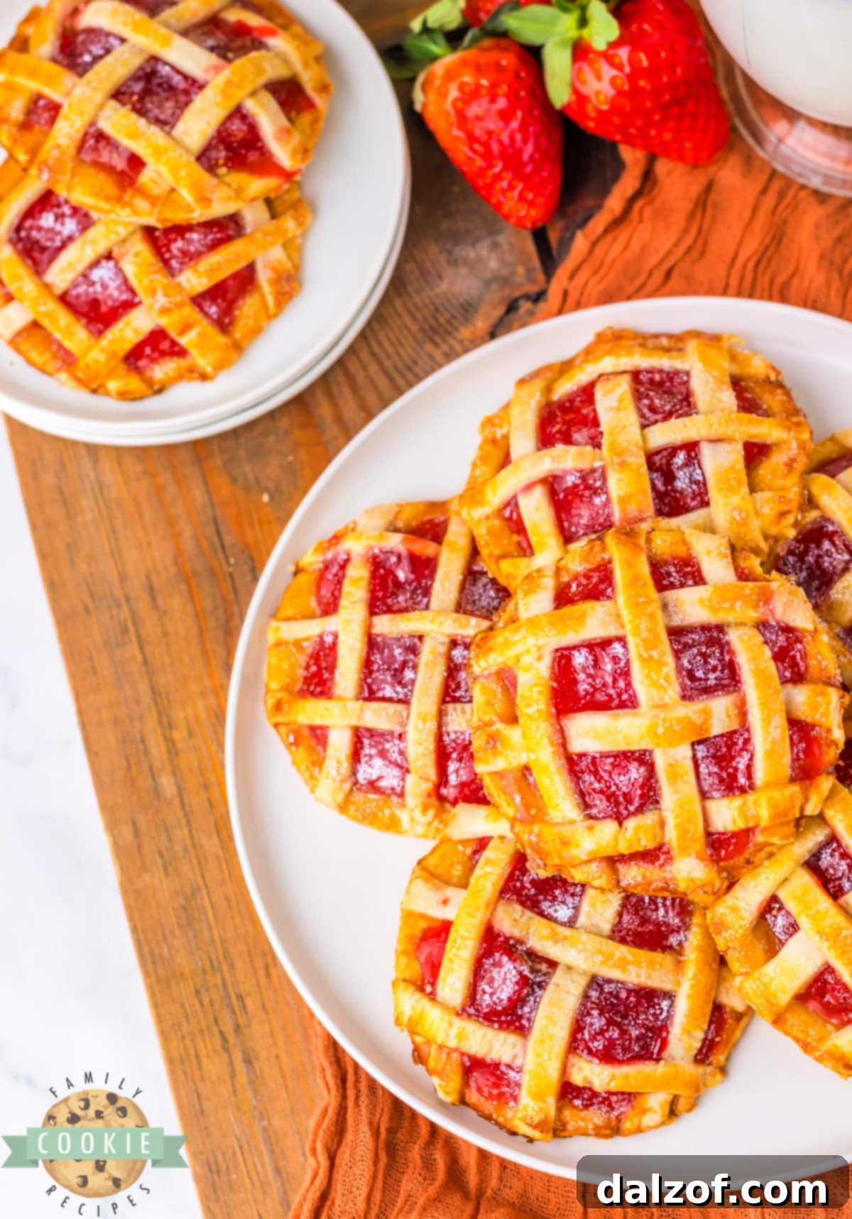 A delectable close-up of Strawberry Pie Cookies, showcasing their golden lattice tops, made simply with 4 ingredients including strawberry pie filling and pre-made pie crust.