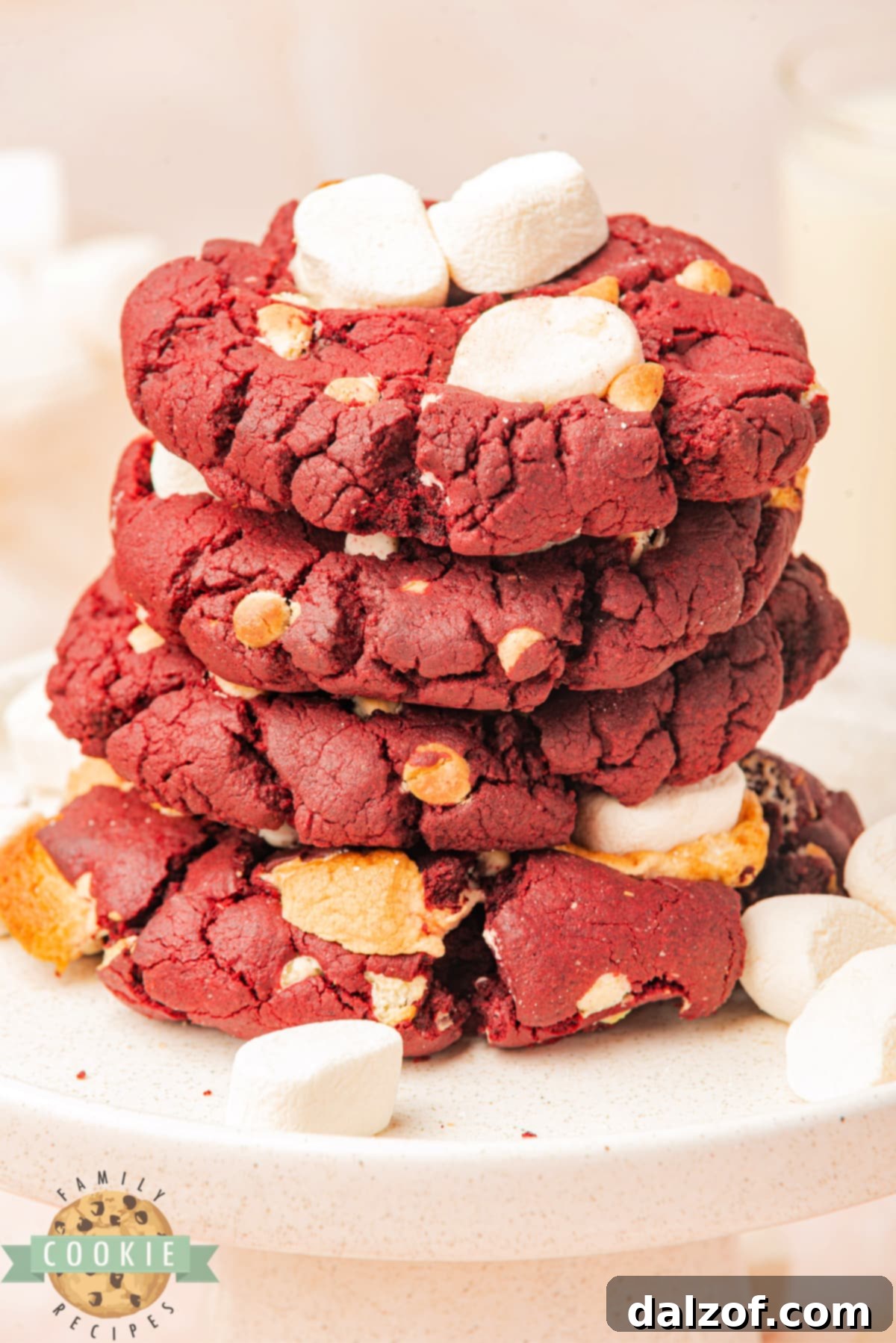 Homemade red velvet cookies with white chocolate chips and marshmallows.