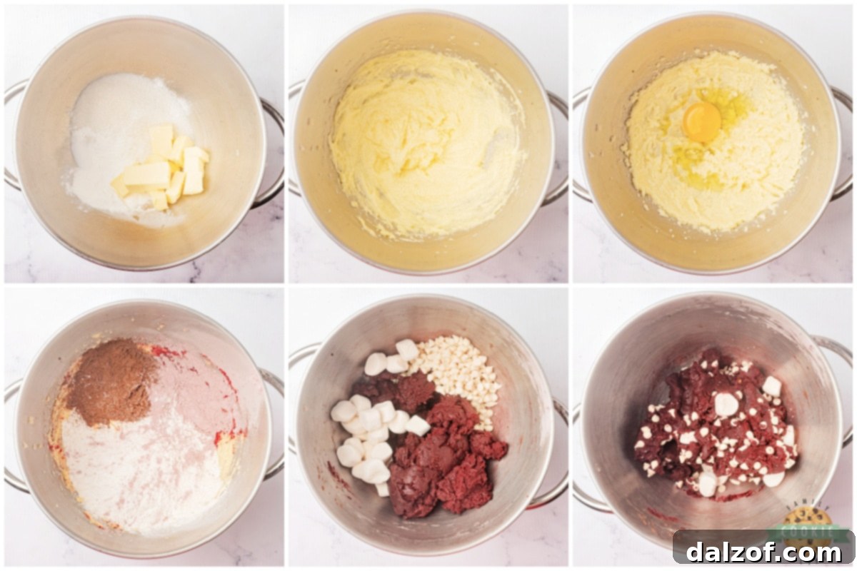 Step by step instructions on how to make red velvet cookies with marshmallows and white chocolate chips.