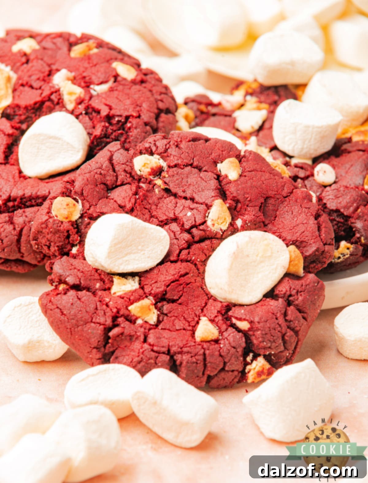 Red velvet cookies made with marshmallows and white chocolate chips.