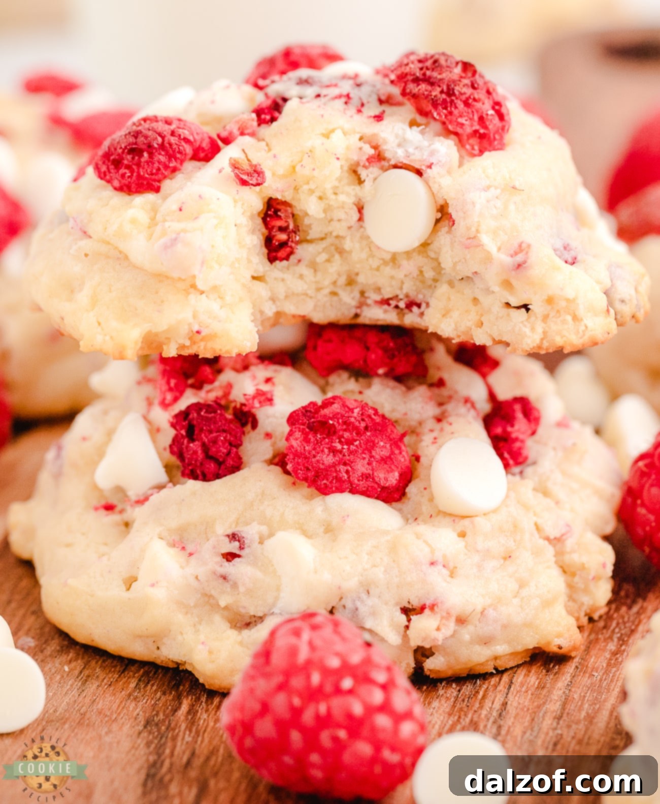 Raspberry cheesecake cookies with a bite taken out, showing the soft interior